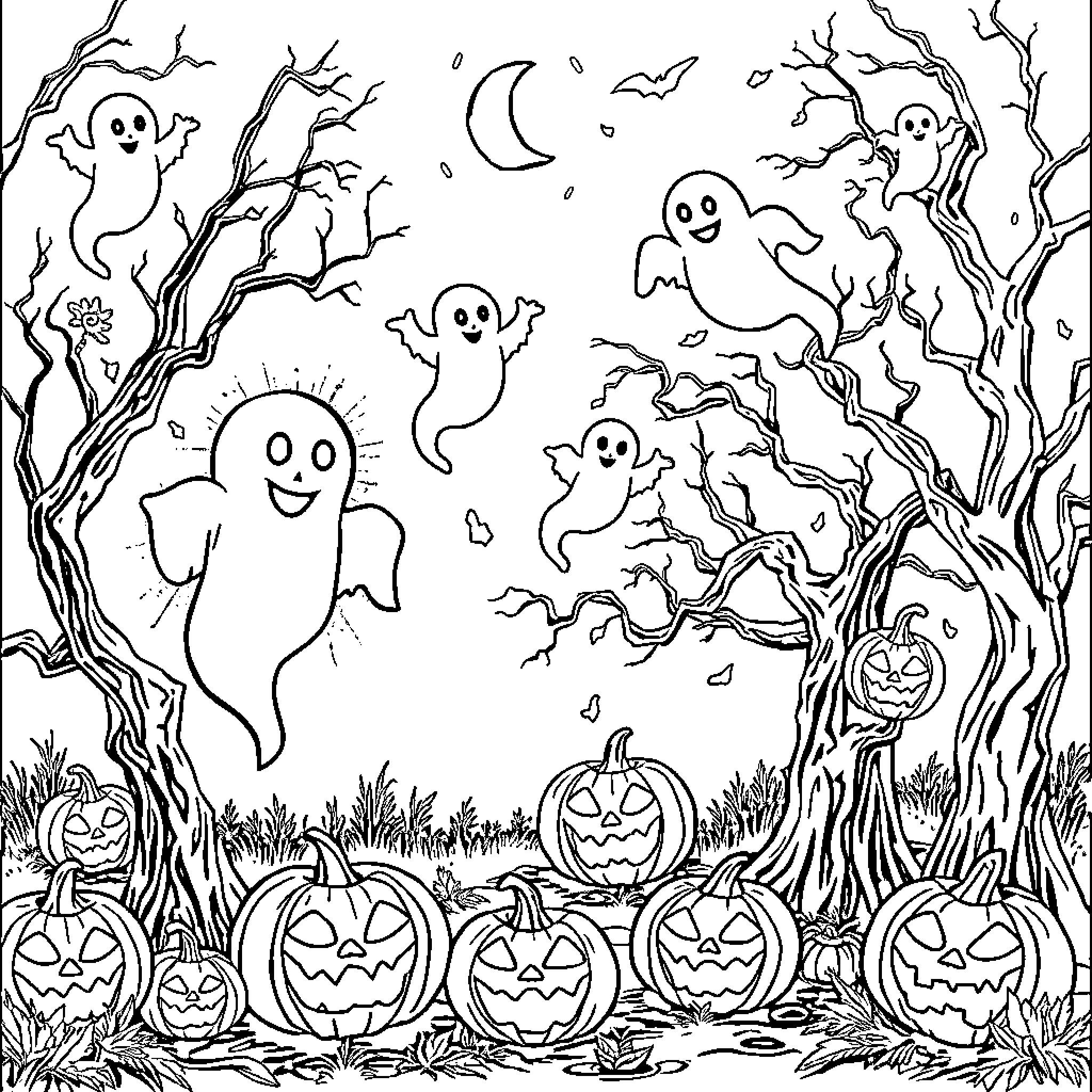 Halloween Ghosts and Pumpkins in Haunting Woodland Coloring Page (free black-and-white line drawing printable PDF for all, from beginners to advanced learners, including children, teens, adults, and seniors)
