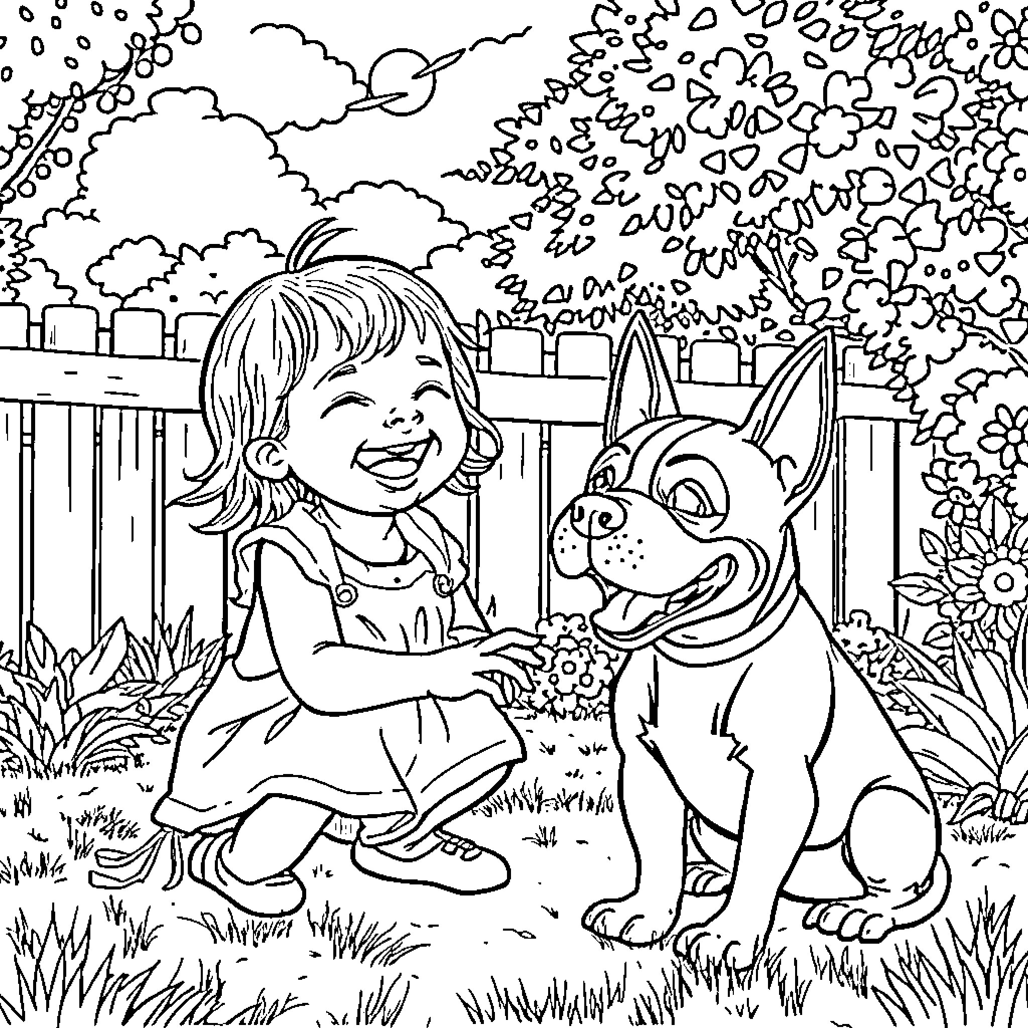 Baby Girl and Her Playful Puppy in the Backyard Coloring Page (free black-and-white line drawing printable PDF for all, from beginners to advanced learners, including children, teens, adults, and seniors)
