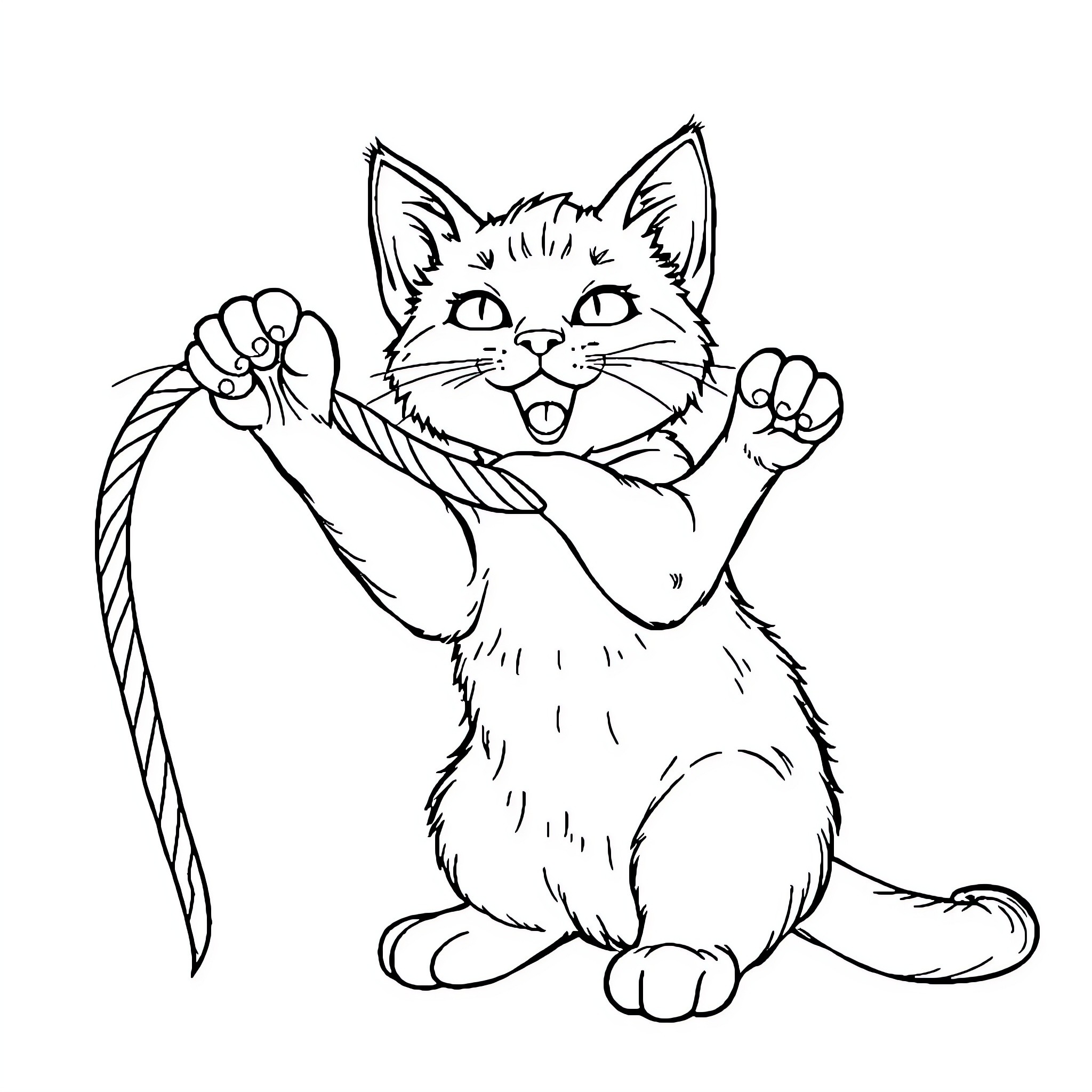 Cat playing with a rope Coloring Page (free black-and-white line drawing printable PDF for all, from beginners to advanced learners, including children, teens, adults, and seniors)
