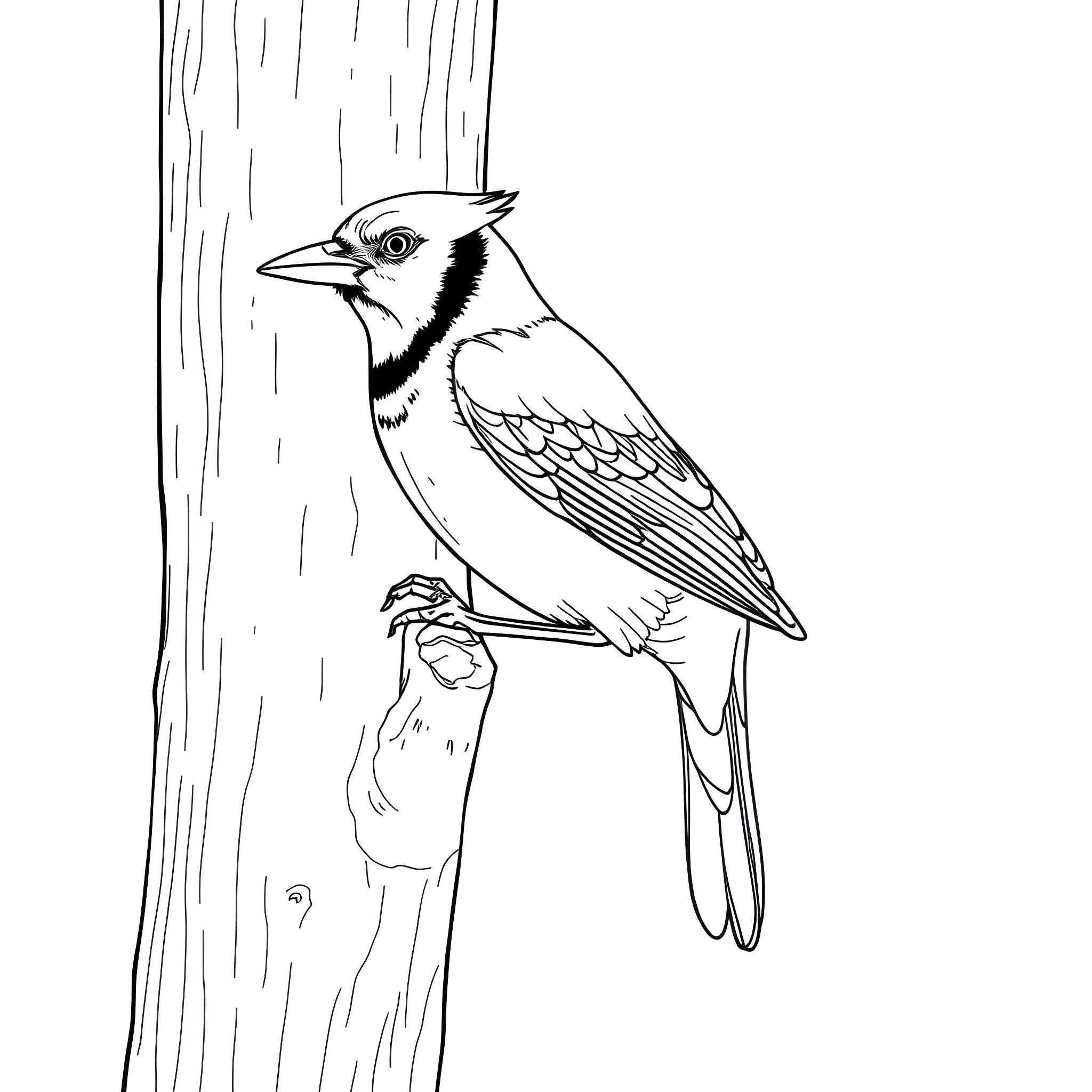 Jay the Woodpecker Perched on Tree Trunk Coloring Page (free black-and-white line drawing printable PDF for all, from beginners to advanced learners, including children, teens, adults, and seniors)