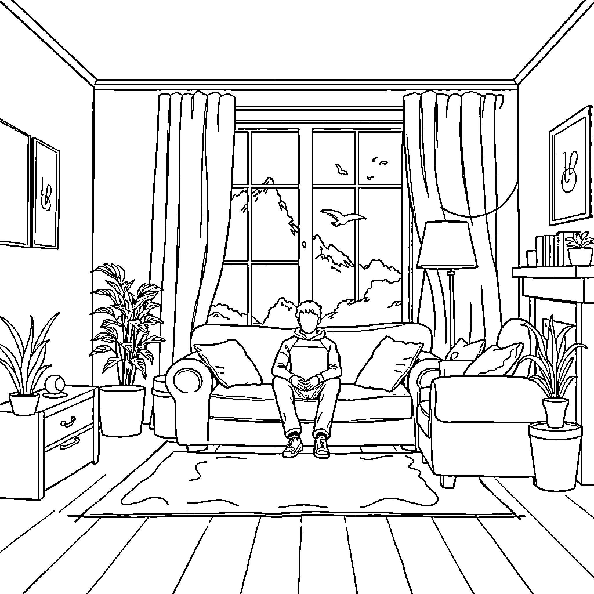 Home with Relaxing Couch and Peaceful Surroundings Coloring Page (free black-and-white line drawing printable PDF for all, from beginners to advanced learners, including children, teens, adults, and seniors)