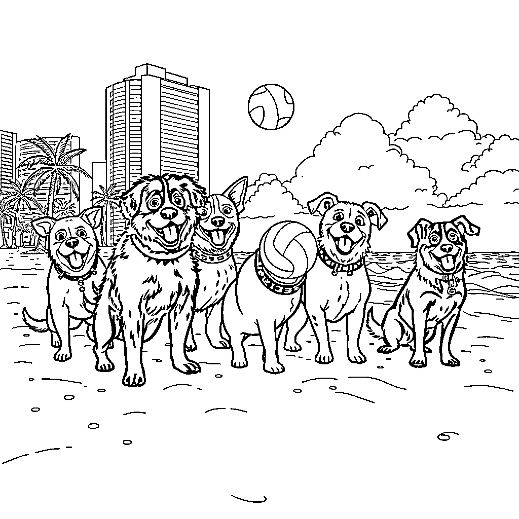 Dog pack enjoying a day at the beach Coloring Page (free black-and-white line drawing printable PDF for all, from beginners to advanced learners, including children, teens, adults, and seniors)