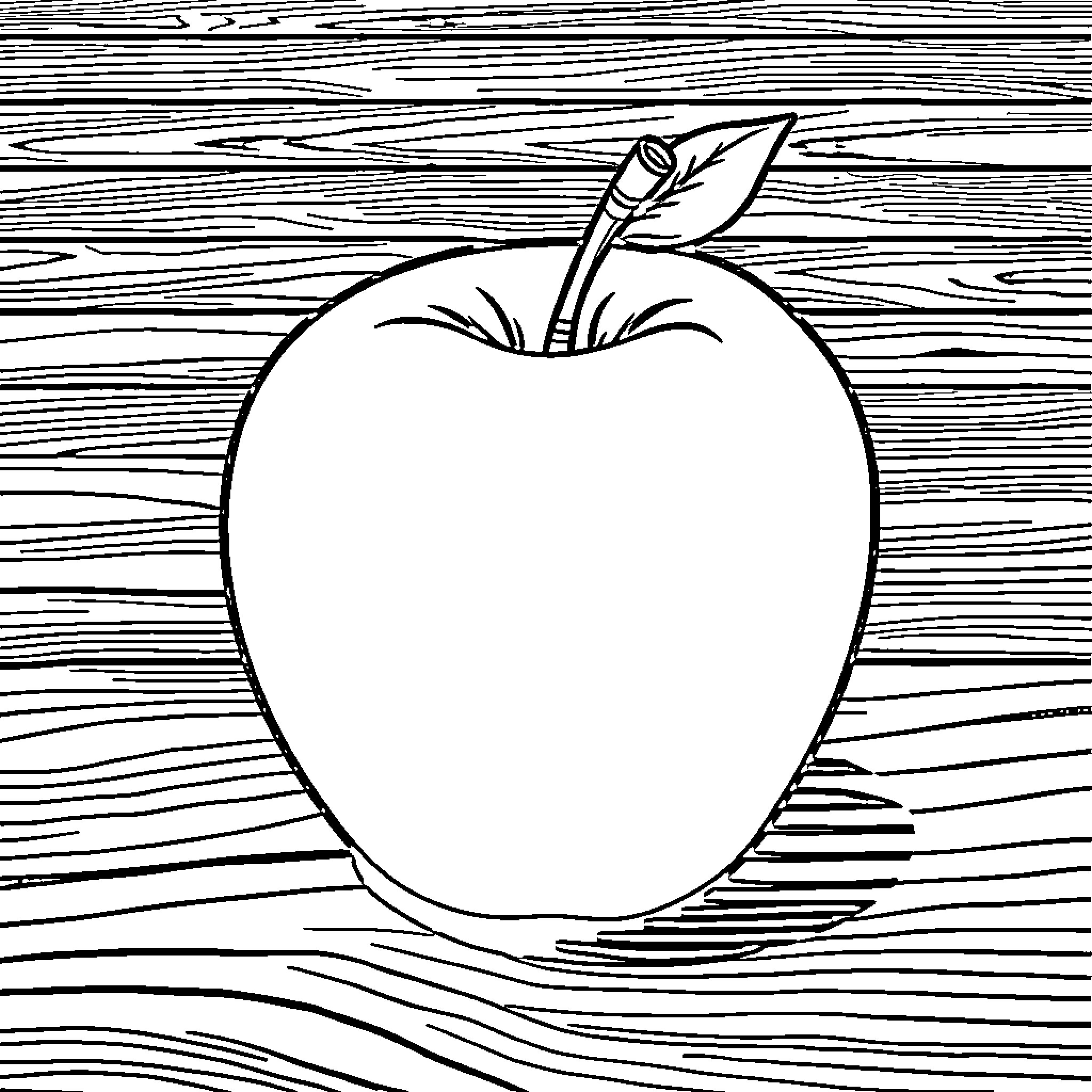 Apple on a wooden background Coloring Page (free black-and-white line drawing printable PDF for all, from beginners to advanced learners, including children, teens, adults, and seniors)