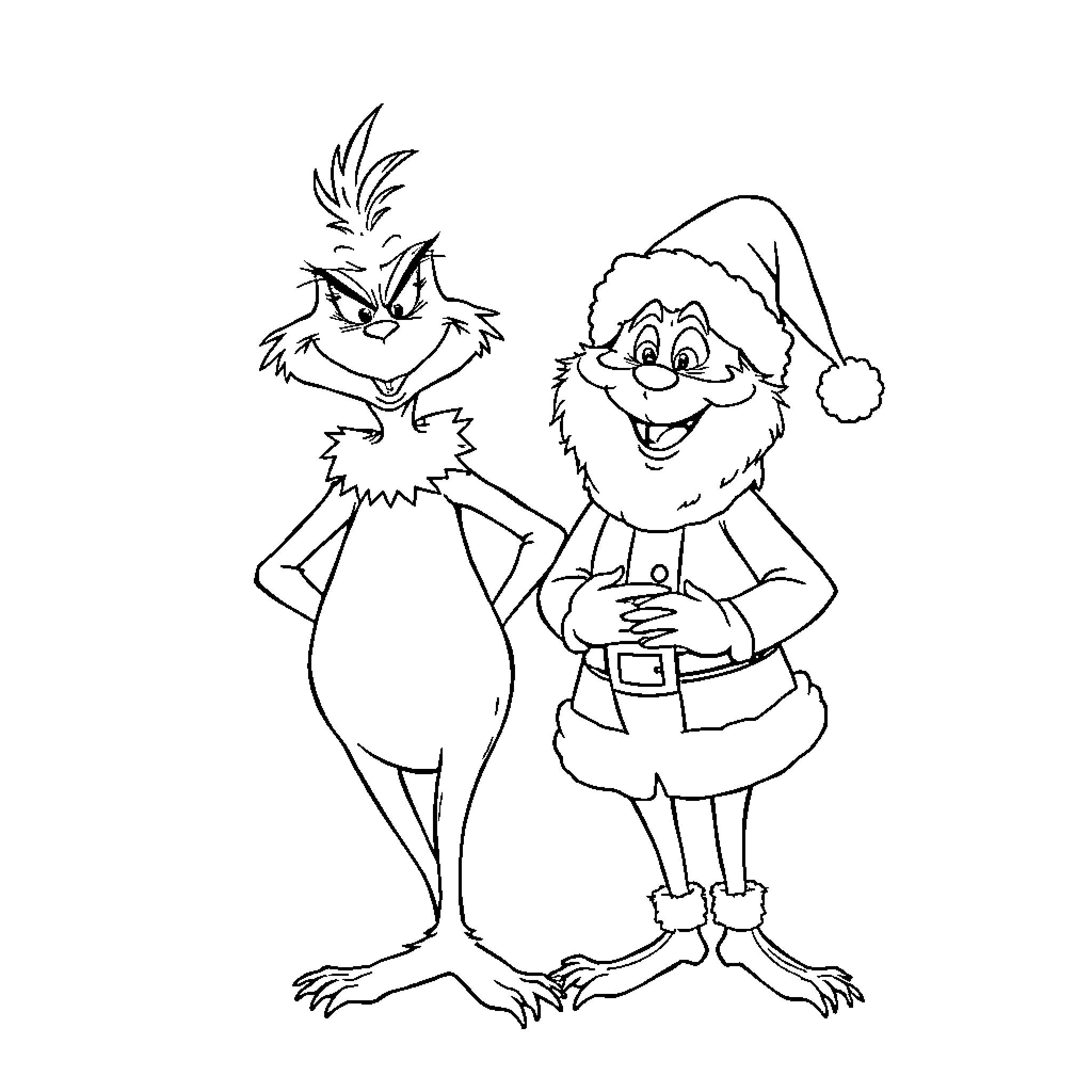 Grinch and Santa in playful holiday attire Coloring Page (free black-and-white line drawing printable PDF for all, from beginners to advanced learners, including children, teens, adults, and seniors)