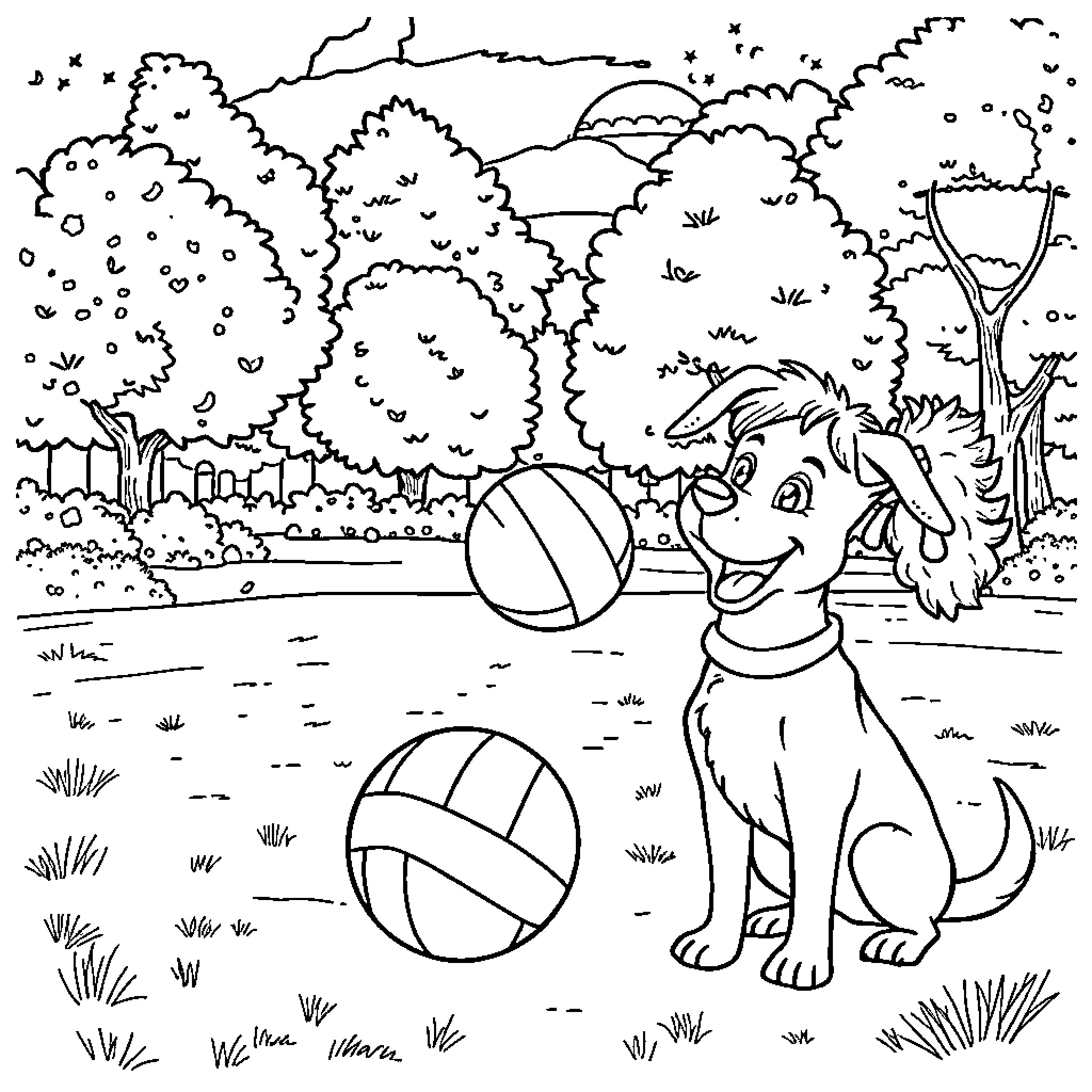 Girl playing joyfully with balls in the park Coloring Page (free black-and-white line drawing printable PDF for all, from beginners to advanced learners, including children, teens, adults, and seniors)