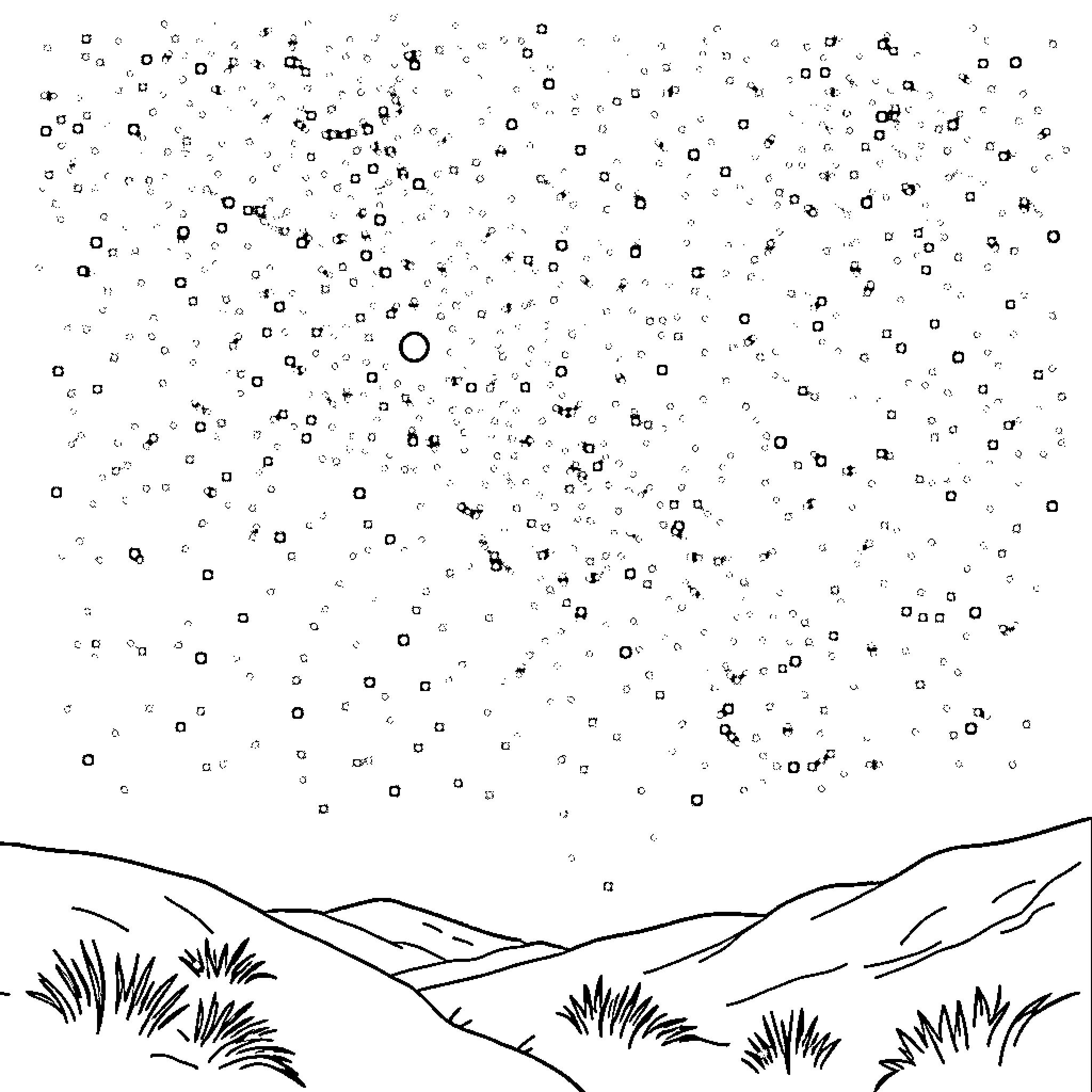 Navy landscape with starry night sky Coloring Page (free black-and-white line drawing printable PDF for all, from beginners to advanced learners, including children, teens, adults, and seniors)