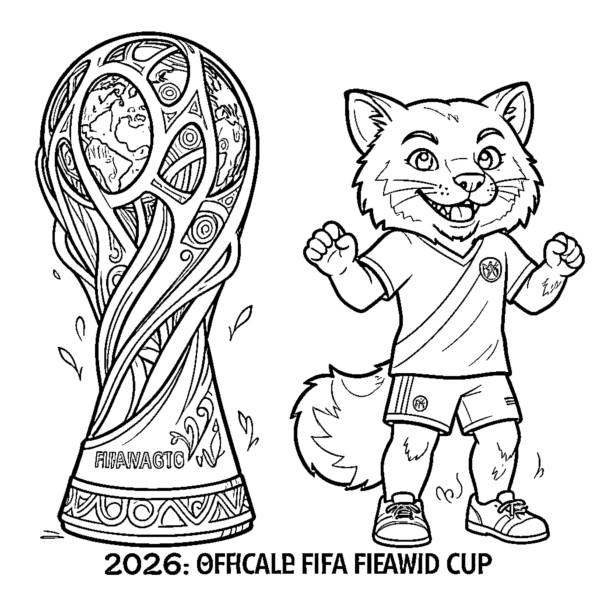 Mascot posing joyfully next to a large trophy Coloring Page (free black-and-white line drawing printable PDF for all, from beginners to advanced learners, including children, teens, adults, and seniors)