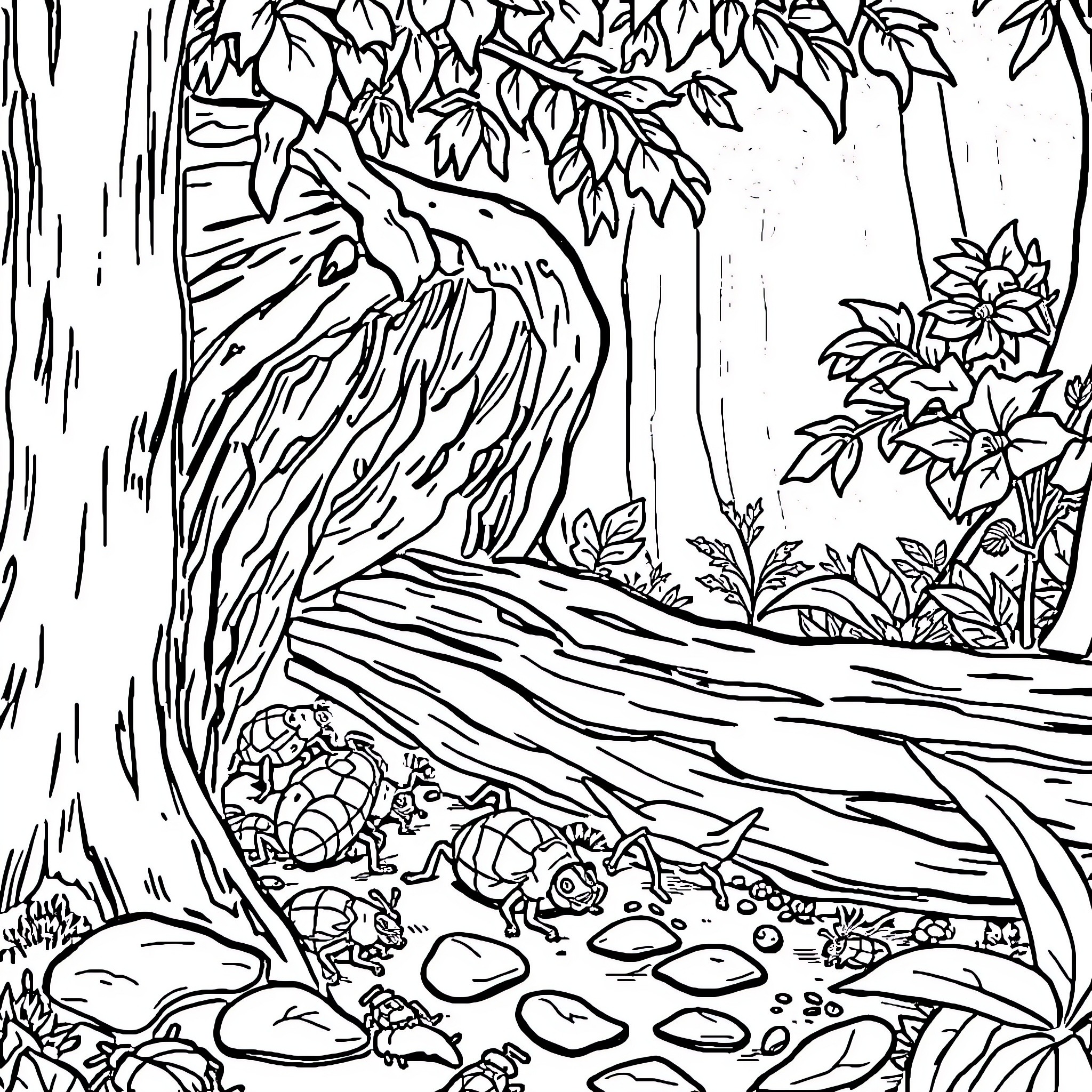 Bug exploring the lush forest landscape Coloring Page (free black-and-white line drawing printable PDF for all, from beginners to advanced learners, including children, teens, adults, and seniors)