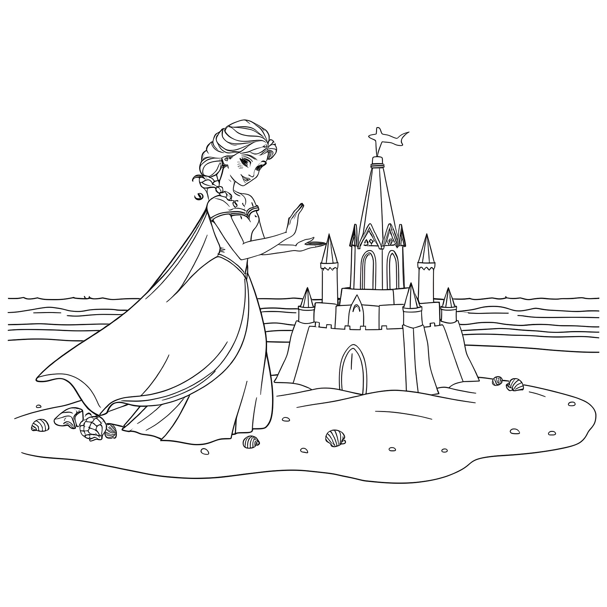 Elsa strolling near a grand castle by the sea Coloring Page (free black-and-white line drawing printable PDF for all, from beginners to advanced learners, including children, teens, adults, and seniors)