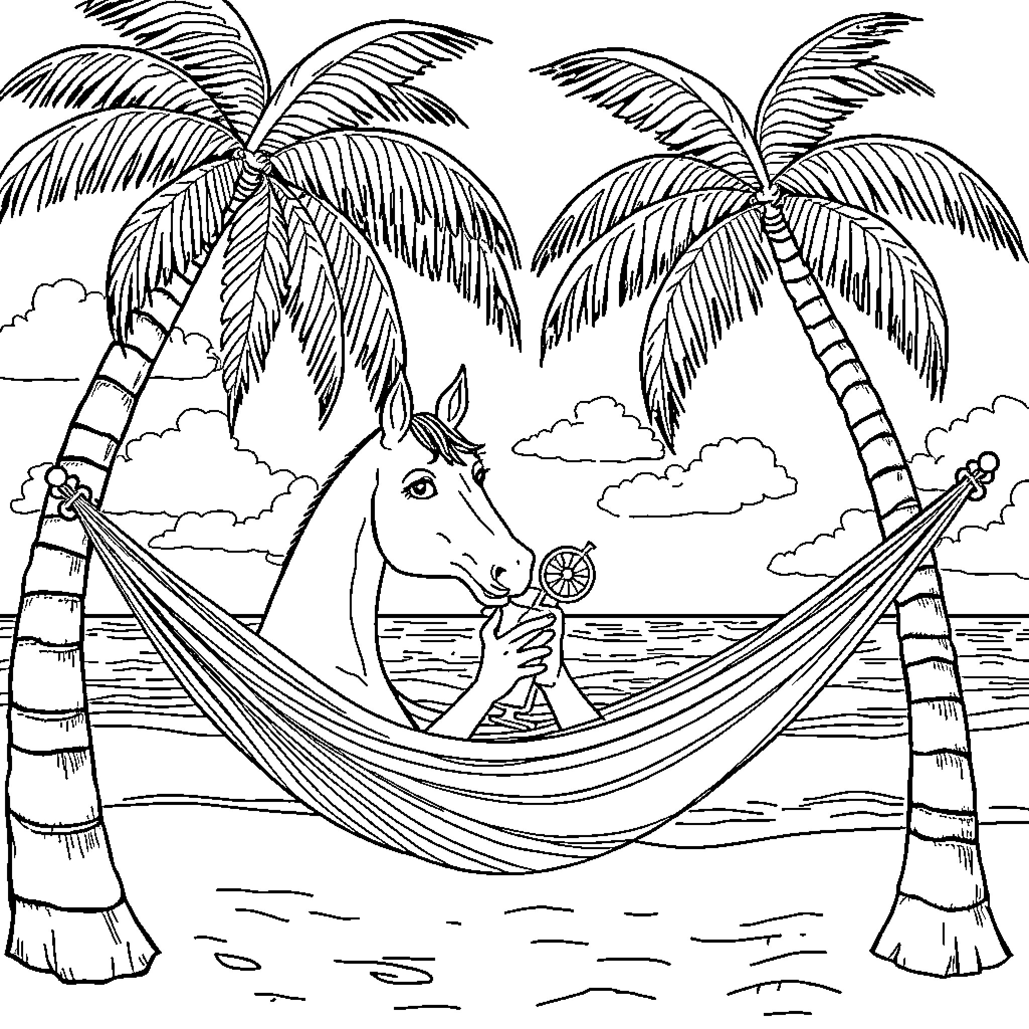 Horse relaxing in a tropical hammock Coloring Page (free black-and-white line drawing printable PDF for all, from beginners to advanced learners, including children, teens, adults, and seniors)