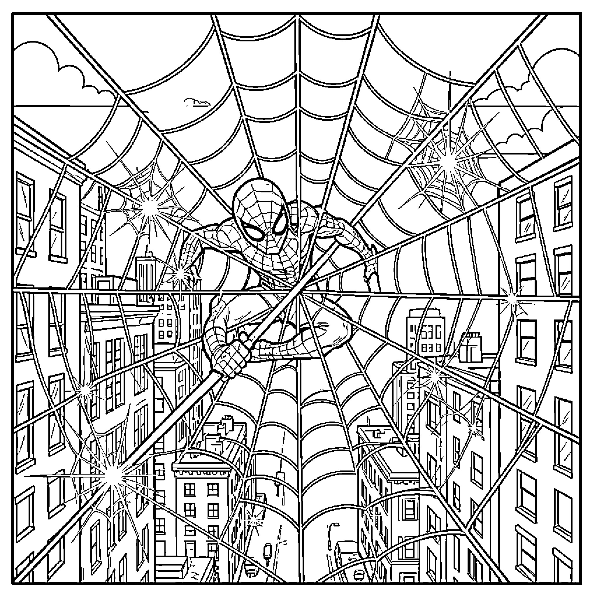 Spidey swinging through the city on a web-filled adventure Coloring Page (free black-and-white line drawing printable PDF for all, from beginners to advanced learners, including children, teens, adults, and seniors)
