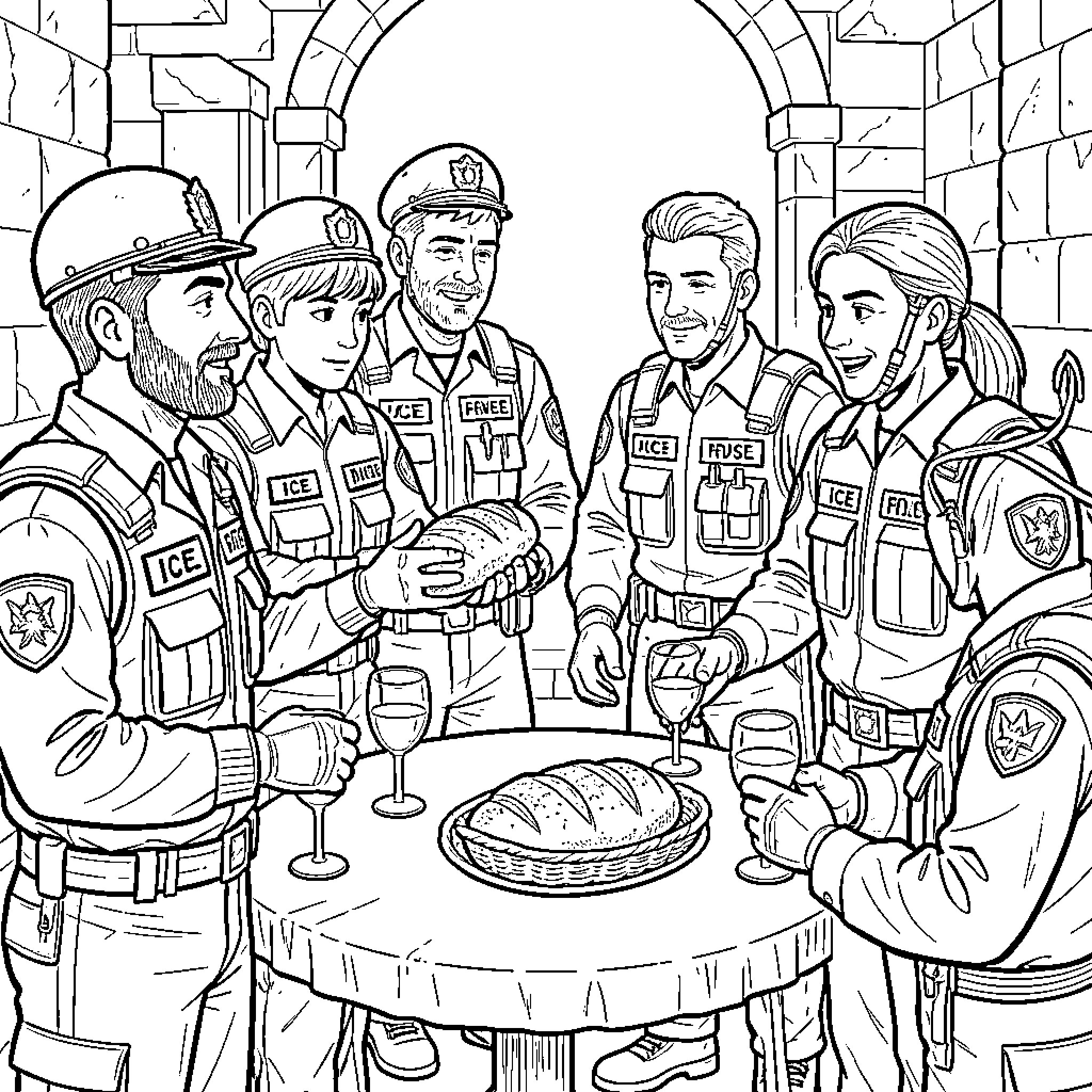 Ice Agent Officers Gathered for Celebration Coloring Page (free black-and-white line drawing printable PDF for all, from beginners to advanced learners, including children, teens, adults, and seniors)