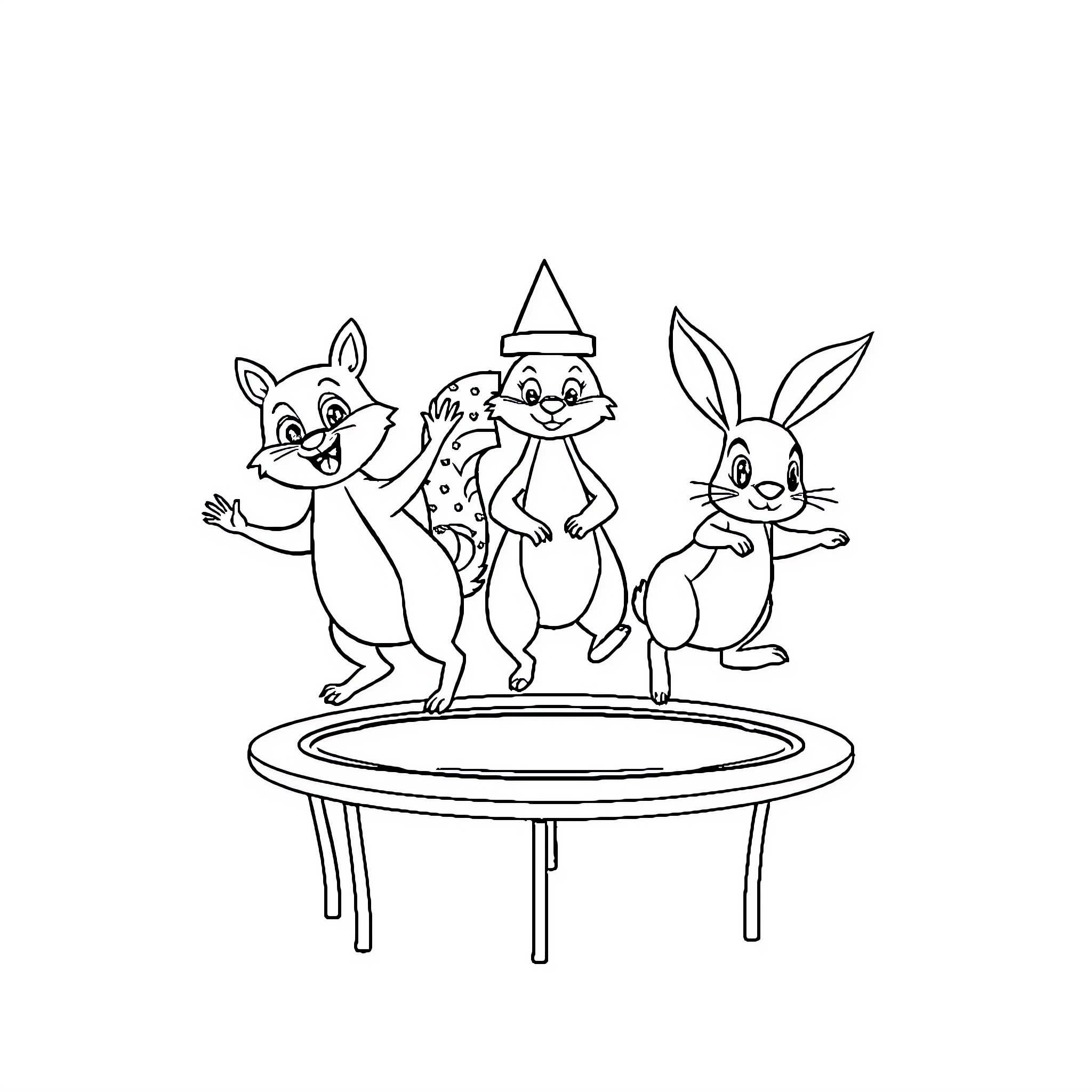 Kangaroo, rabbit, and raccoon playing on trampoline Coloring Page (free black-and-white line drawing printable PDF for all, from beginners to advanced learners, including children, teens, adults, and seniors)