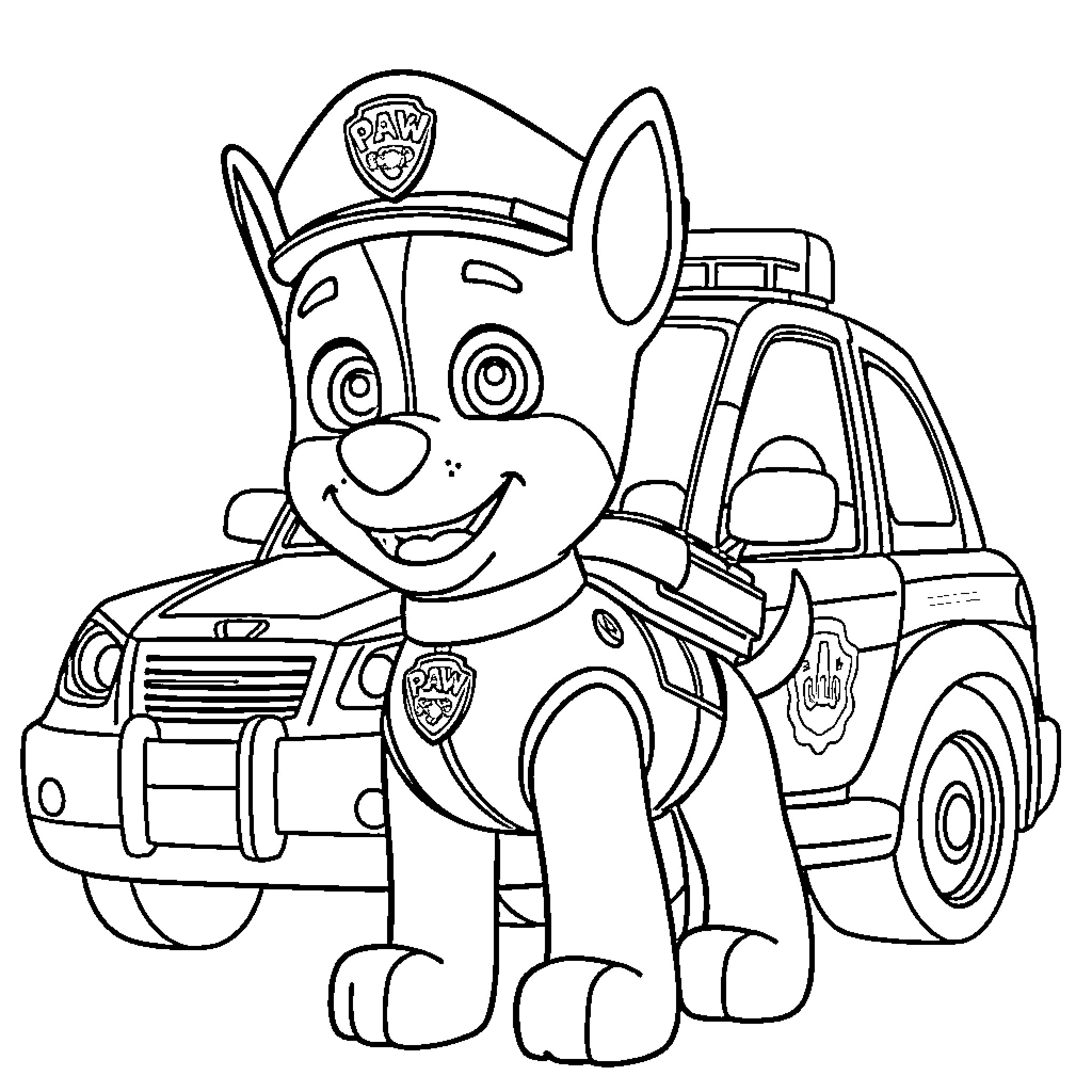 Chase police puppy in action Coloring Page (free black-and-white line drawing printable PDF for all, from beginners to advanced learners, including children, teens, adults, and seniors)