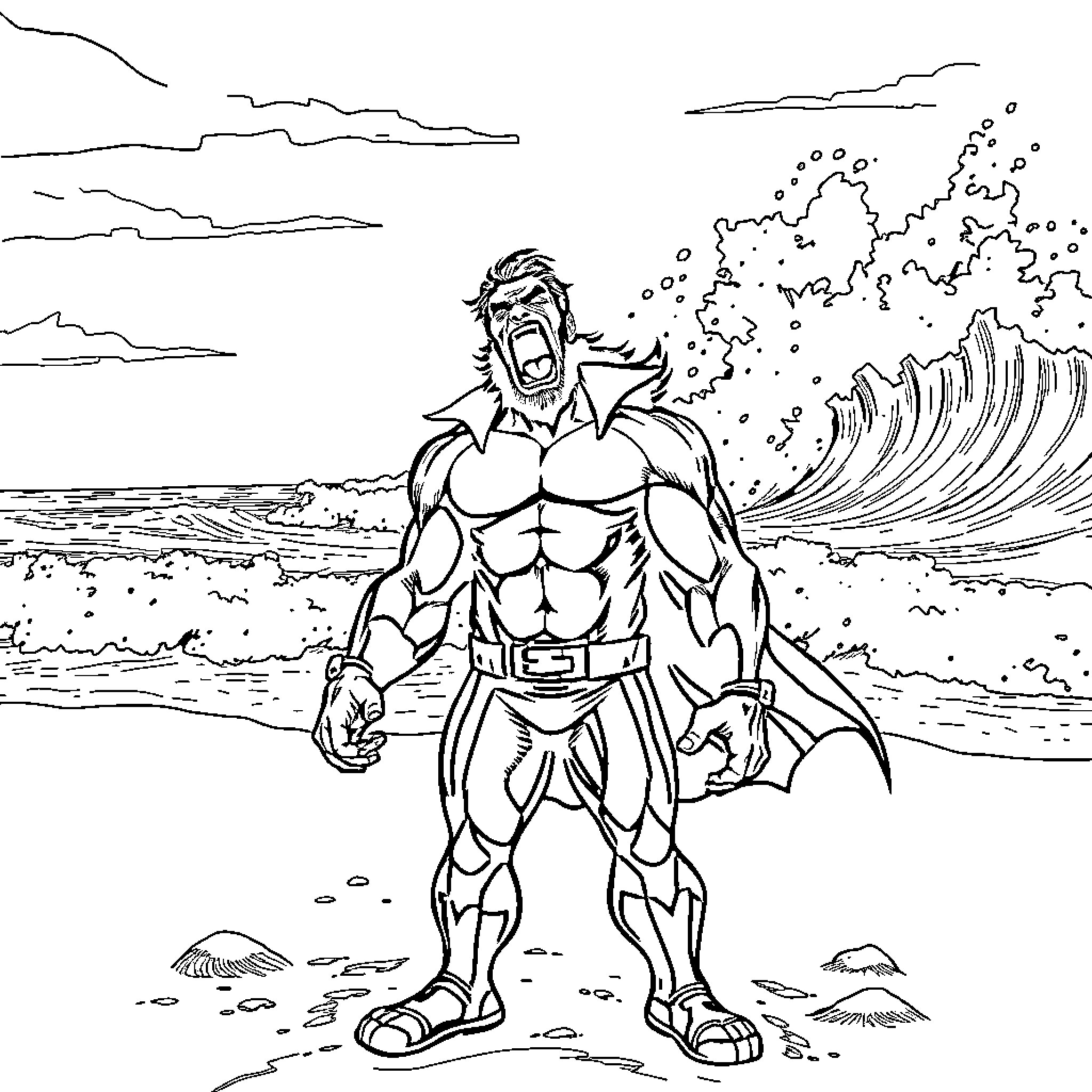 Lobo's Powerful Posture Amid Crashing Waves Coloring Page (free black-and-white line drawing printable PDF for all, from beginners to advanced learners, including children, teens, adults, and seniors)