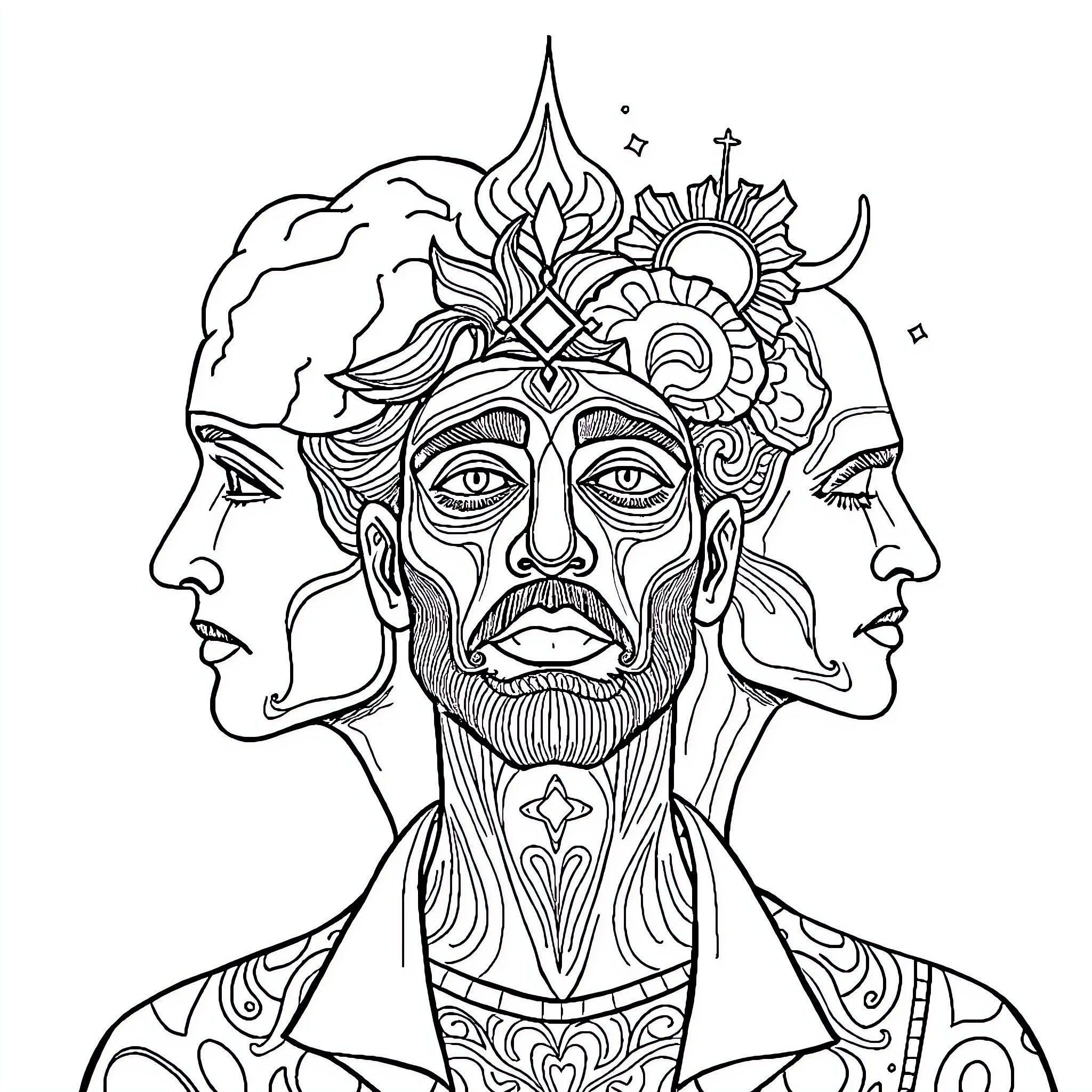 Self-Expression through Ornate Visage Coloring Page (free black-and-white line drawing printable PDF for all, from beginners to advanced learners, including children, teens, adults, and seniors)