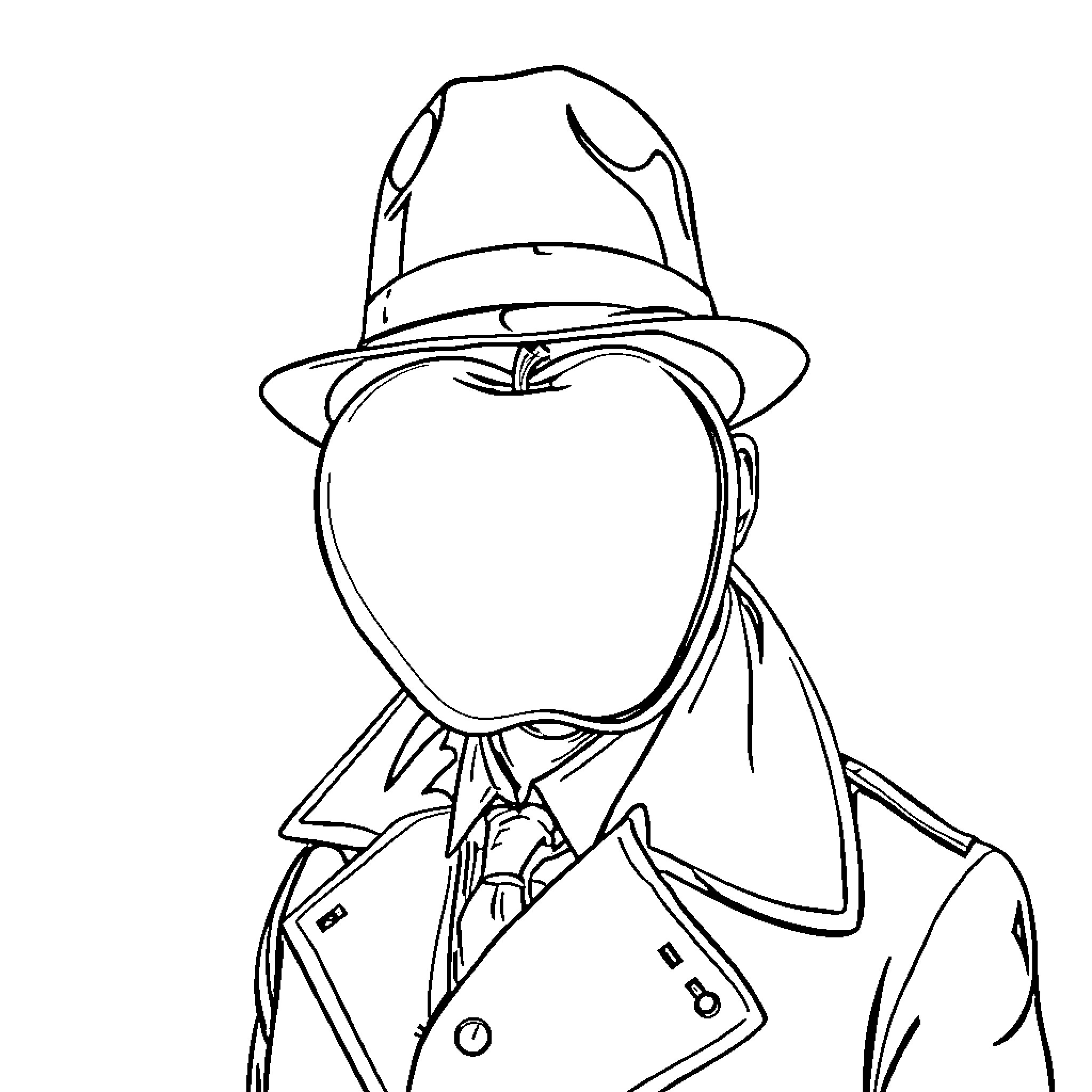 Apple in detective or spy outfit Coloring Page (free black-and-white line drawing printable PDF for all, from beginners to advanced learners, including children, teens, adults, and seniors)