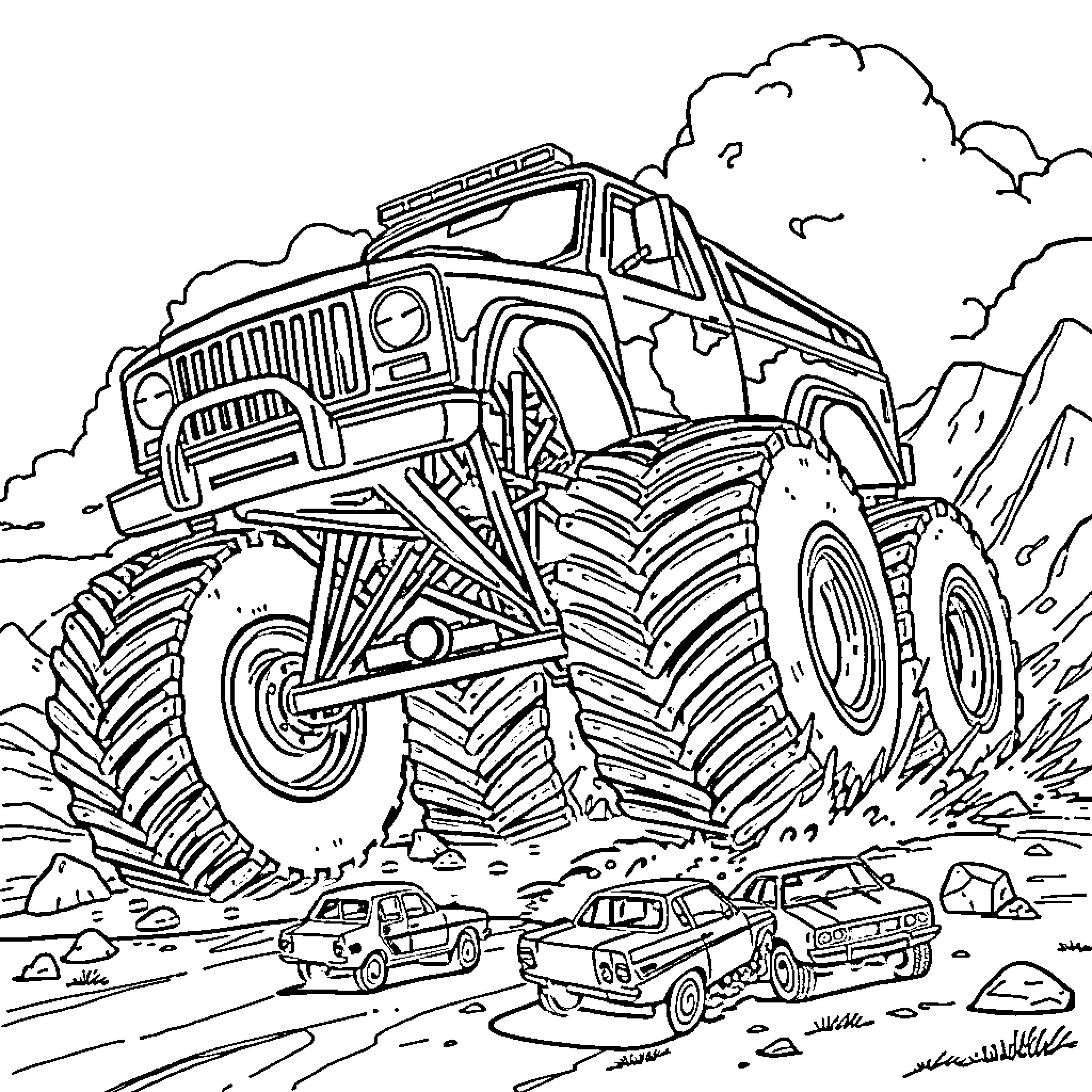 Monster Truck Crushing Smaller Vehicles on Rugged Terrain Coloring Page (free black-and-white line drawing printable PDF for all, from beginners to advanced learners, including children, teens, adults, and seniors)