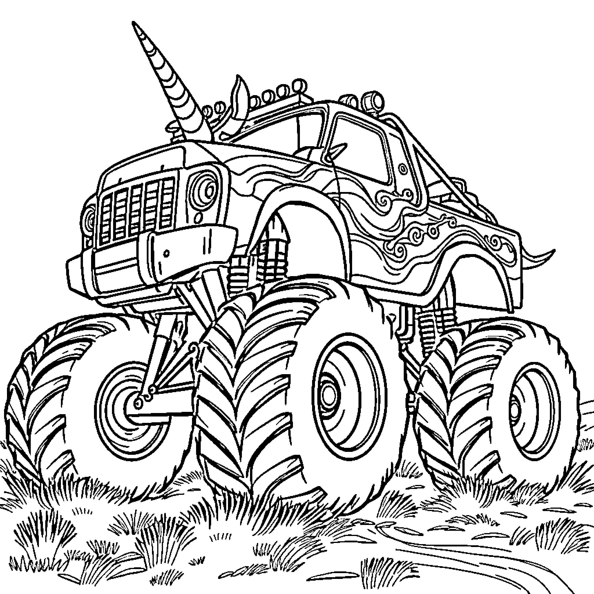Unicorn Monster Truck Conquering the Terrain Coloring Page (free black-and-white line drawing printable PDF for all, from beginners to advanced learners, including children, teens, adults, and seniors)