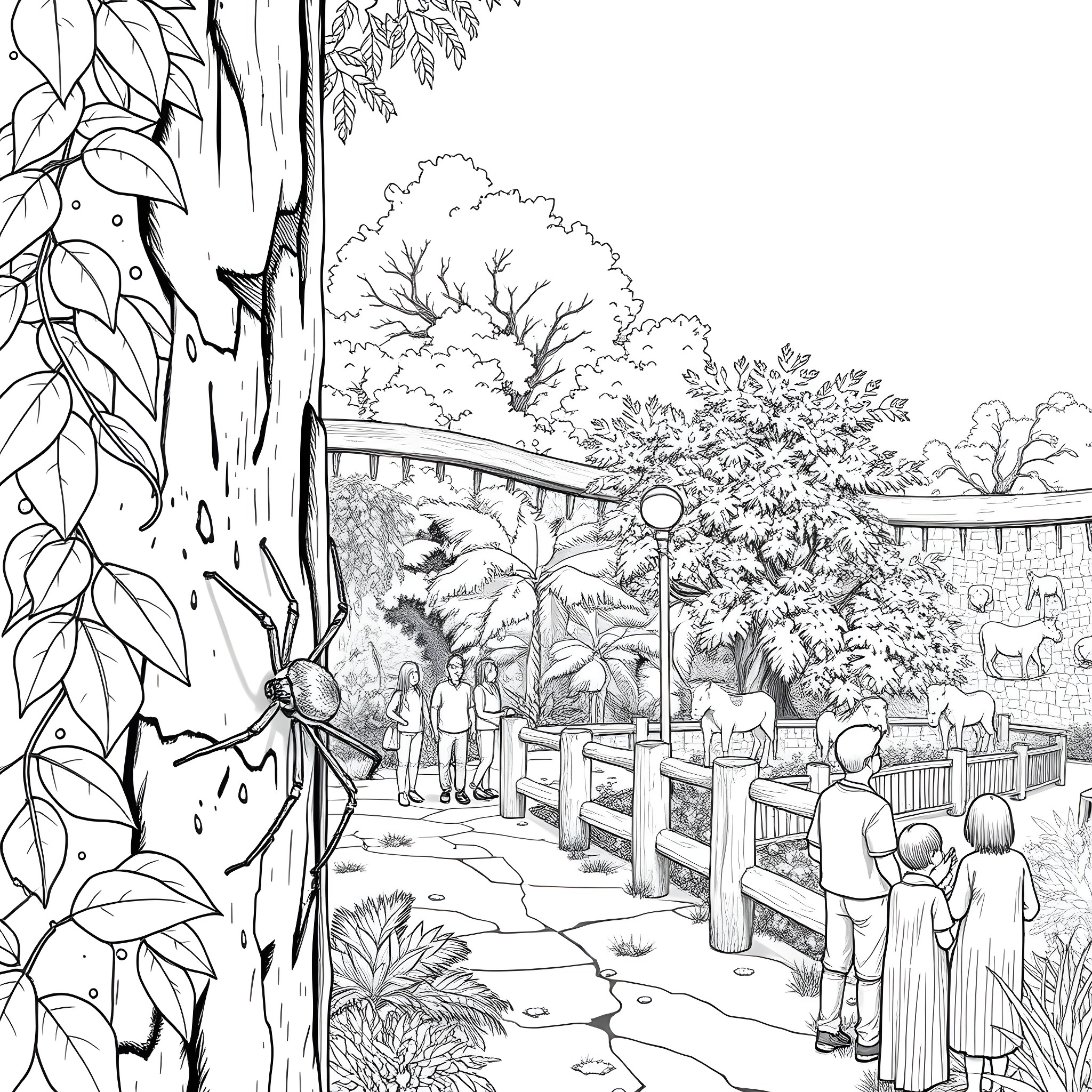 Spider-themed Fantasy Garden Landscape Coloring Page (free black-and-white line drawing printable PDF for all, from beginners to advanced learners, including children, teens, adults, and seniors)