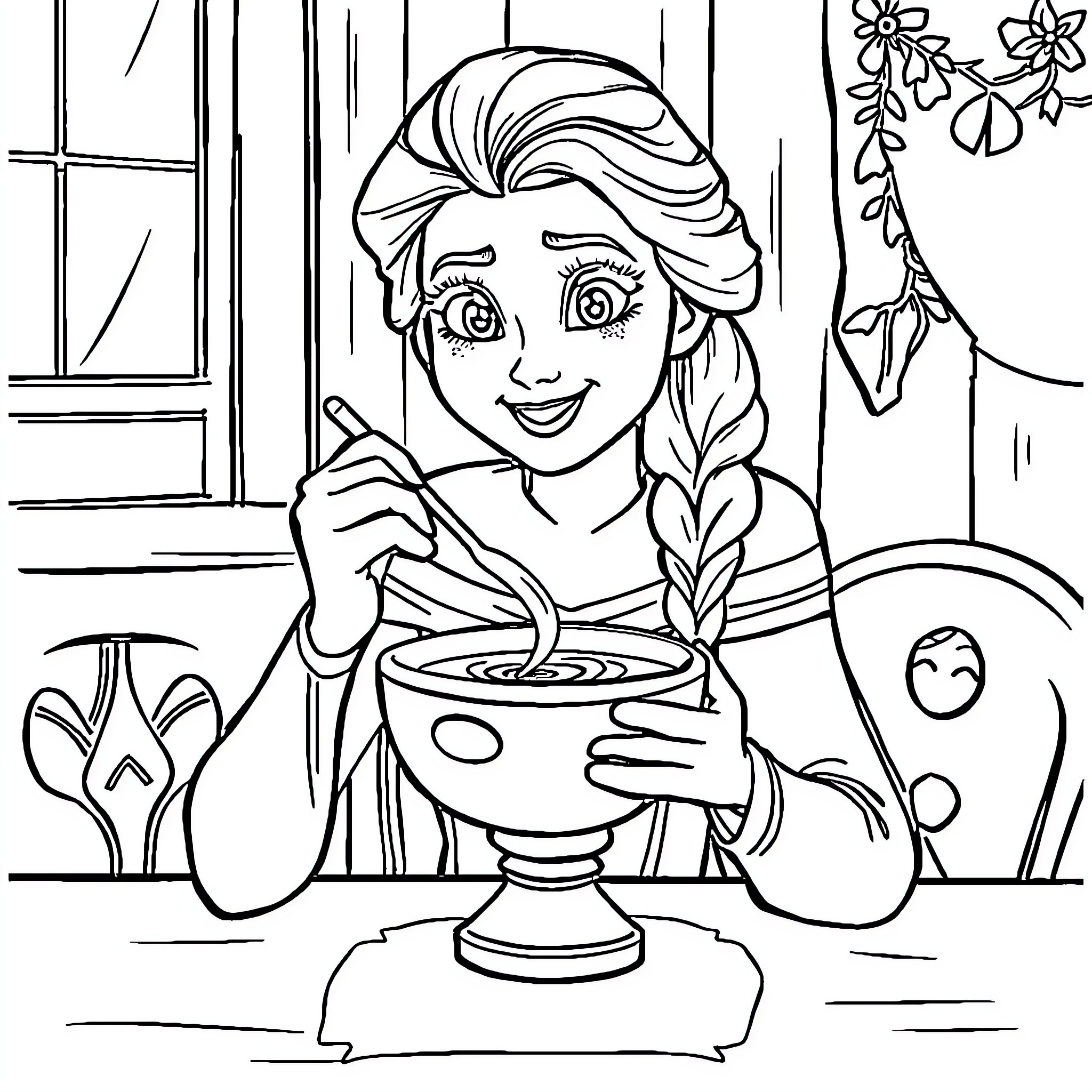 Elsa cooking a magical meal in the castle kitchen Coloring Page (free black-and-white line drawing printable PDF for all, from beginners to advanced learners, including children, teens, adults, and seniors)