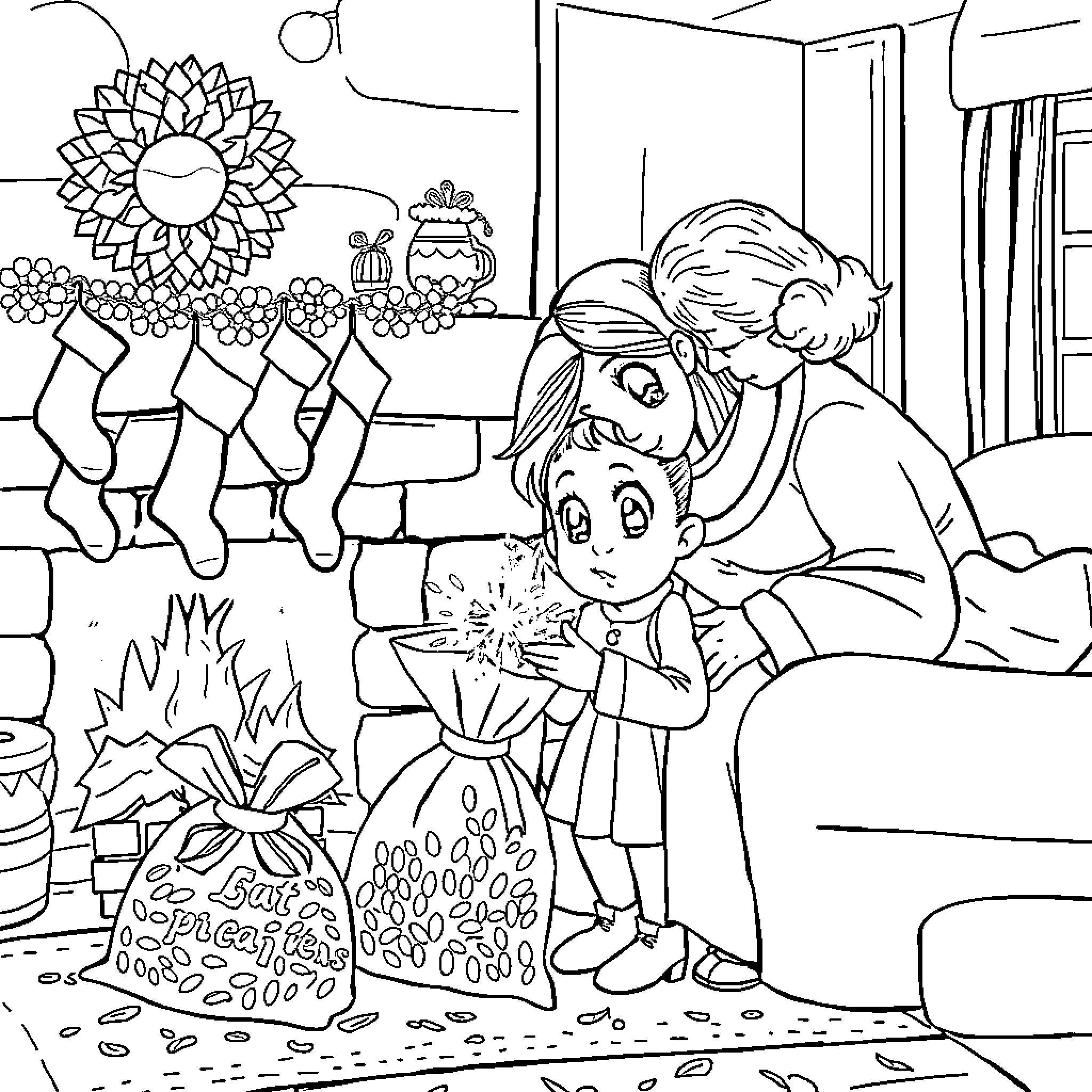 Santa making toys with children in a workshop Coloring Page (free black-and-white line drawing printable PDF for all, from beginners to advanced learners, including children, teens, adults, and seniors)