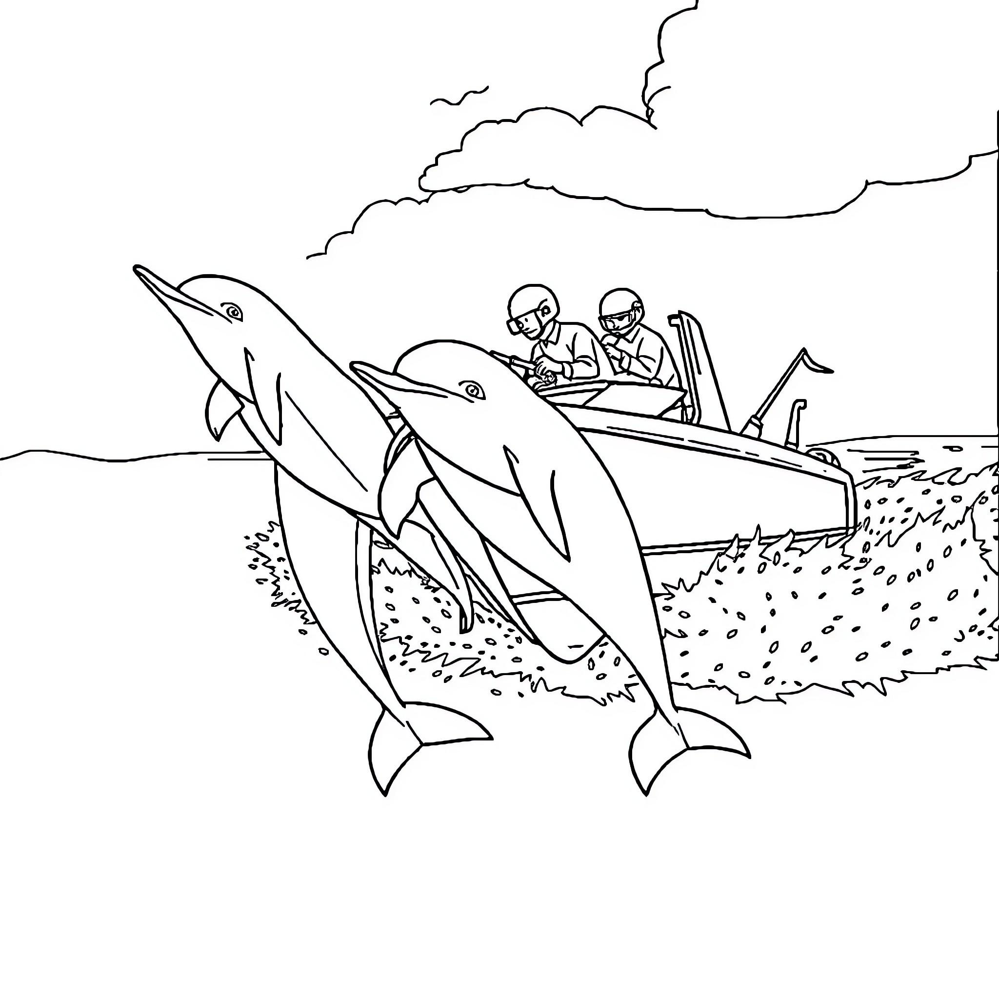 Dolphin interacting with people in a boat Coloring Page (free black-and-white line drawing printable PDF for all, from beginners to advanced learners, including children, teens, adults, and seniors)