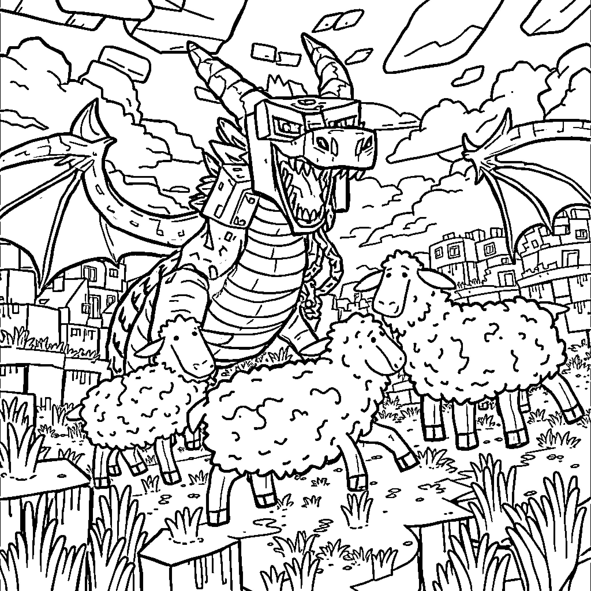 Sheep battling a fearsome dragon in the village Coloring Page (free black-and-white line drawing printable PDF for all, from beginners to advanced learners, including children, teens, adults, and seniors)