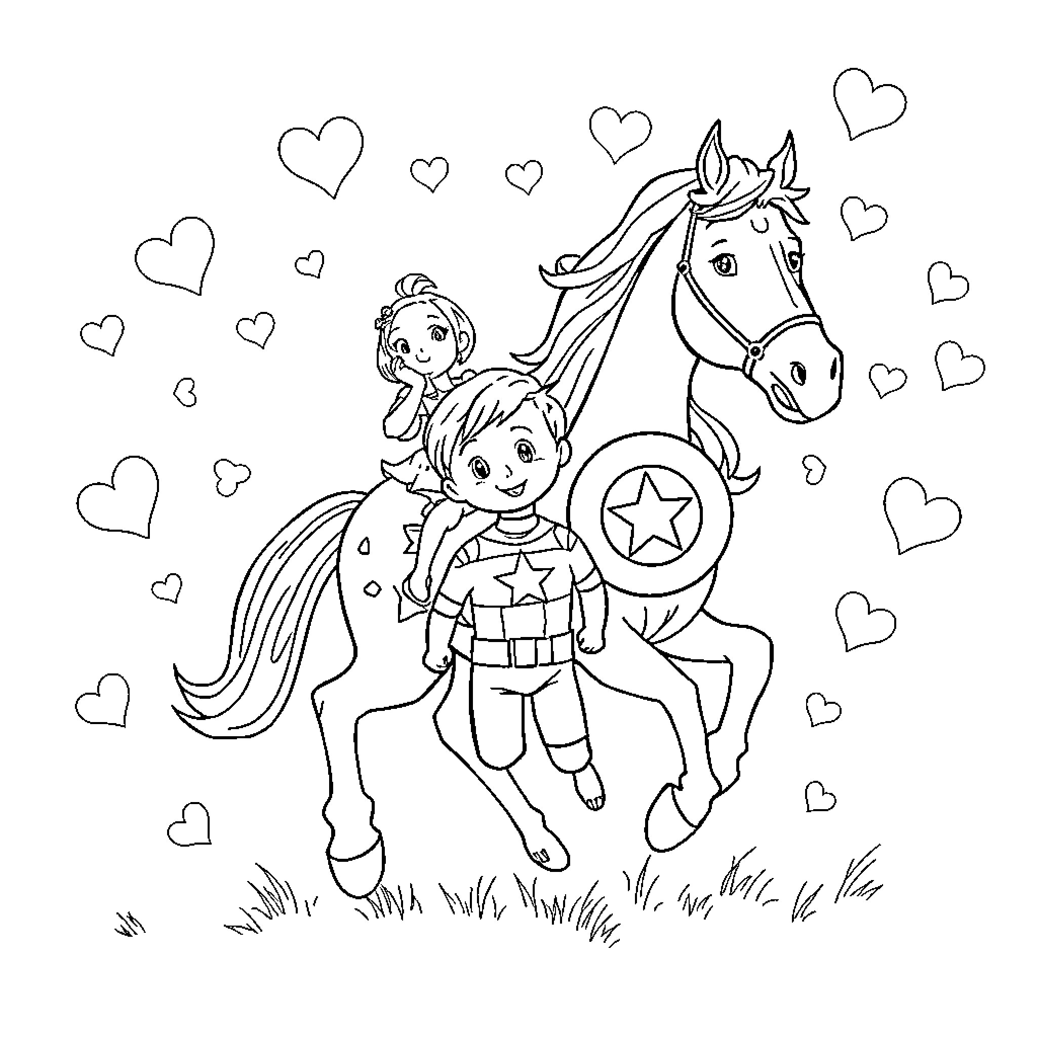 Cheval with cheerful child riding in a field of hearts Coloring Page (free black-and-white line drawing printable PDF for all, from beginners to advanced learners, including children, teens, adults, and seniors)