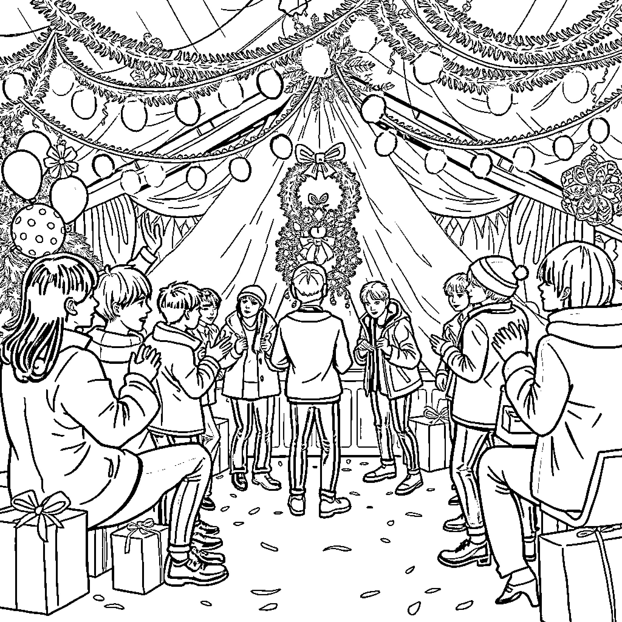 Kpop group celebration in a festive setting Coloring Page (free black-and-white line drawing printable PDF for all, from beginners to advanced learners, including children, teens, adults, and seniors)
