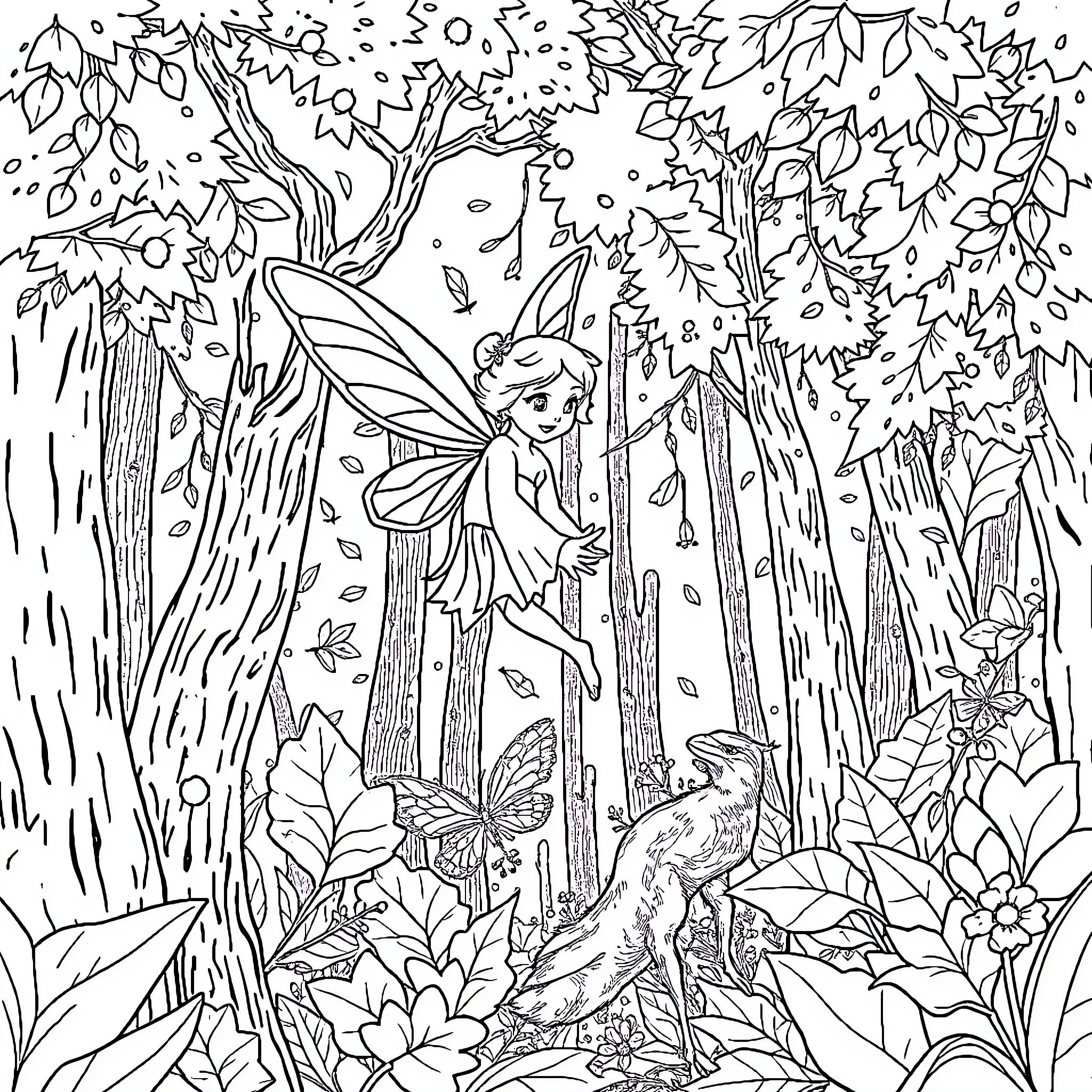 Fairy exploring enchanted forest with woodland creatures Coloring Page (free black-and-white line drawing printable PDF for all, from beginners to advanced learners, including children, teens, adults, and seniors)
