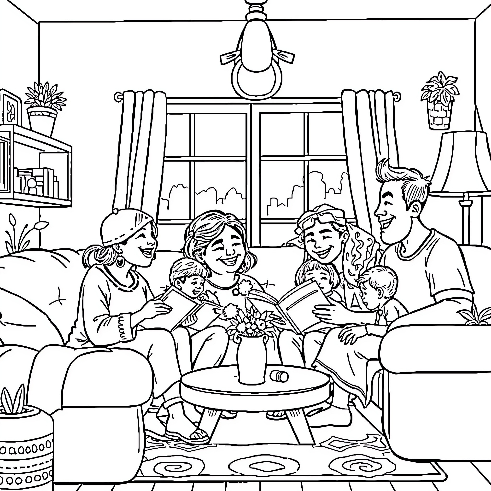 Family enjoying quality time together in living room Coloring Page (free black-and-white line drawing printable PDF for all, from beginners to advanced learners, including children, teens, adults, and seniors)