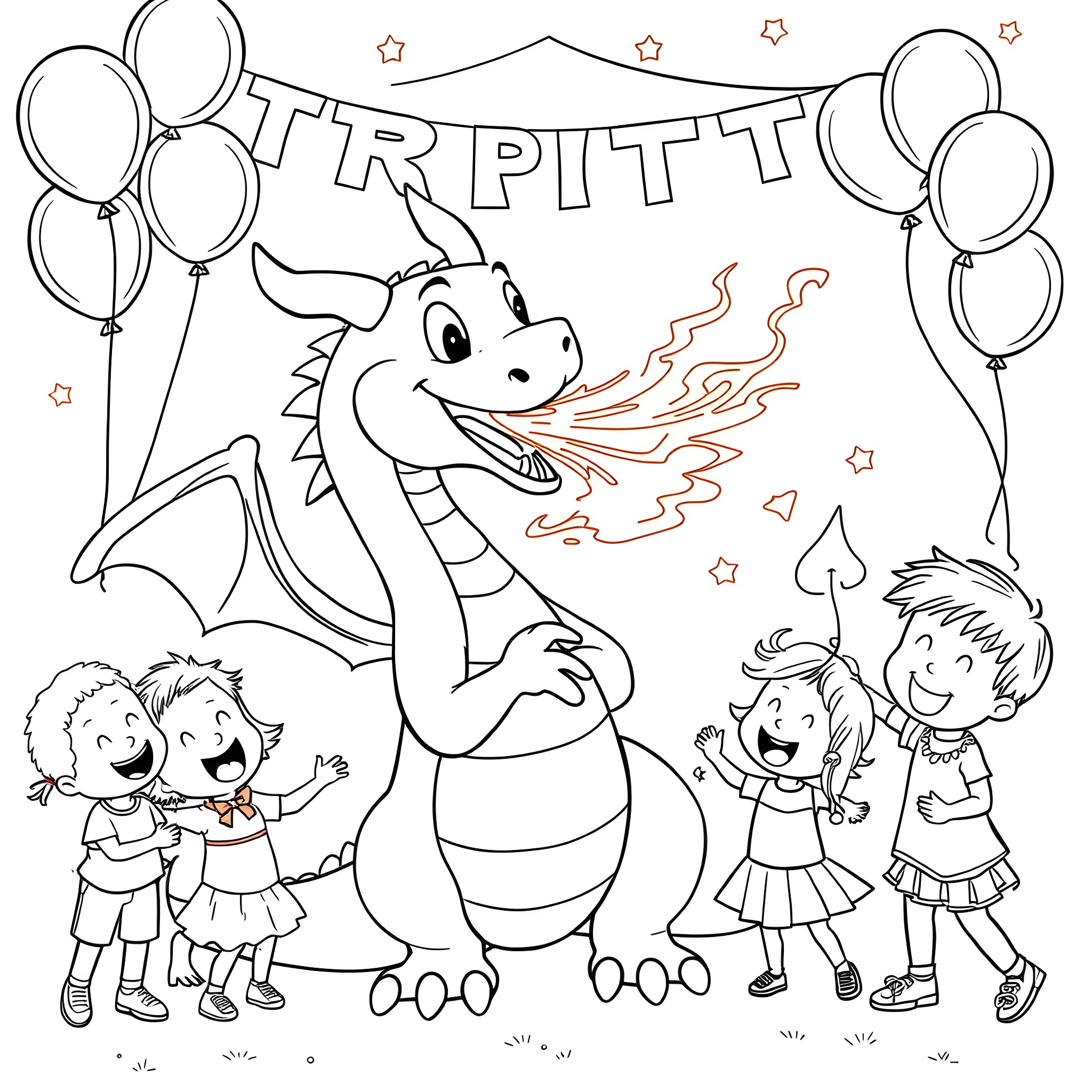 Dragon celebrating with happy children at a party Coloring Page (free black-and-white line drawing printable PDF for all, from beginners to advanced learners, including children, teens, adults, and seniors)