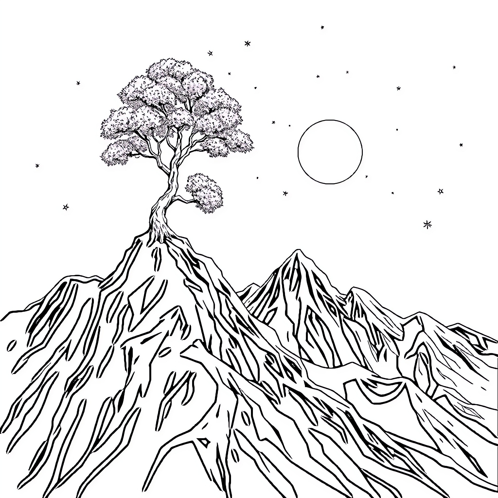 Tree on Mountainous Landscape under Starry Sky Coloring Page (free black-and-white line drawing printable PDF for all, from beginners to advanced learners, including children, teens, adults, and seniors)