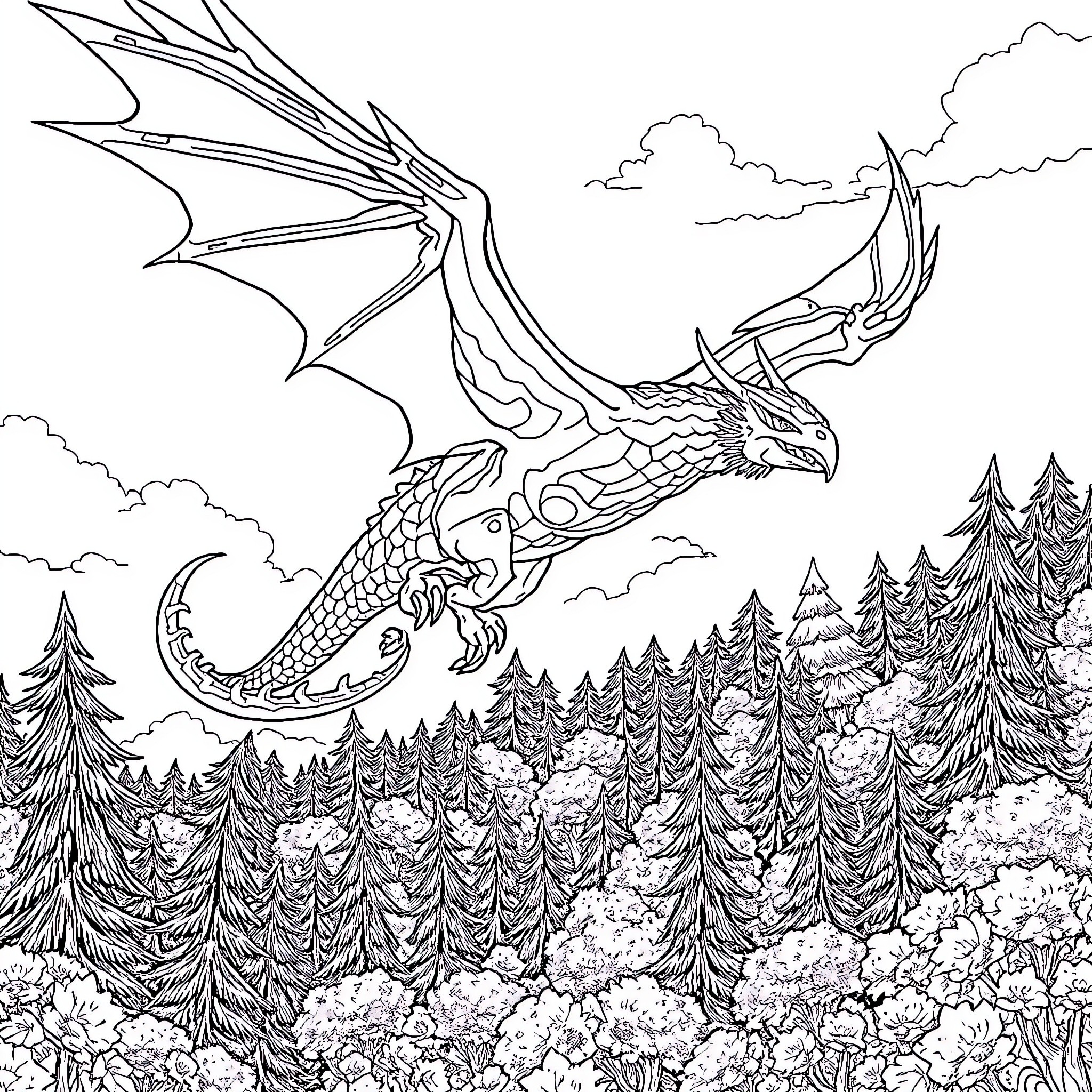 Namielle - Dragon soaring over a forested landscape Coloring Page (free black-and-white line drawing printable PDF for all, from beginners to advanced learners, including children, teens, adults, and seniors)