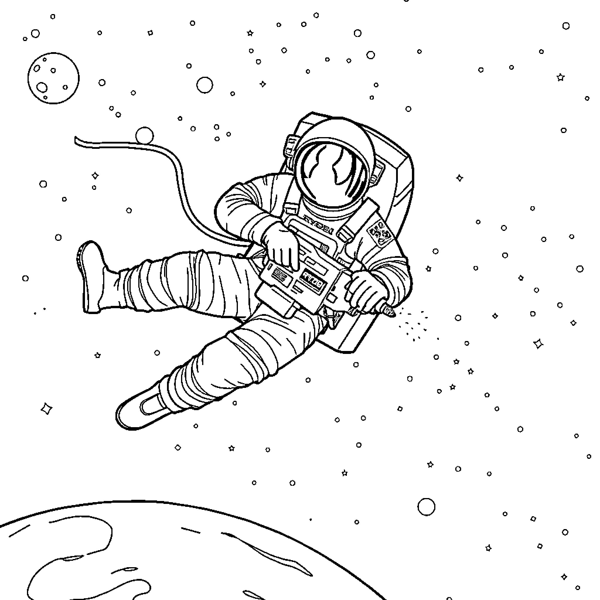 Astronaut floating in outer space Coloring Page (free black-and-white line drawing printable PDF for all, from beginners to advanced learners, including children, teens, adults, and seniors)