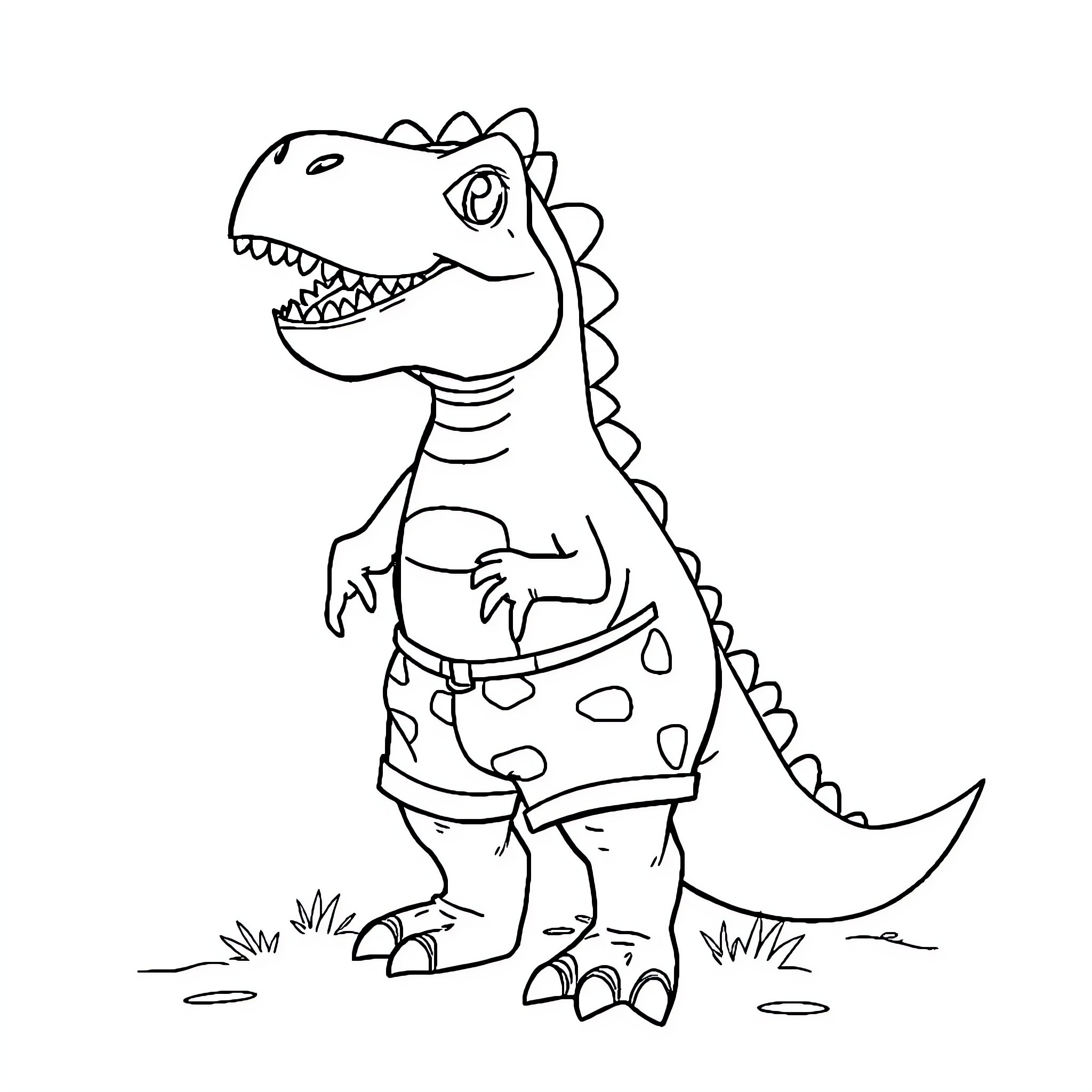Dinosaur wearing funny clothes and standing in nature Coloring Page (free black-and-white line drawing printable PDF for all, from beginners to advanced learners, including children, teens, adults, and seniors)