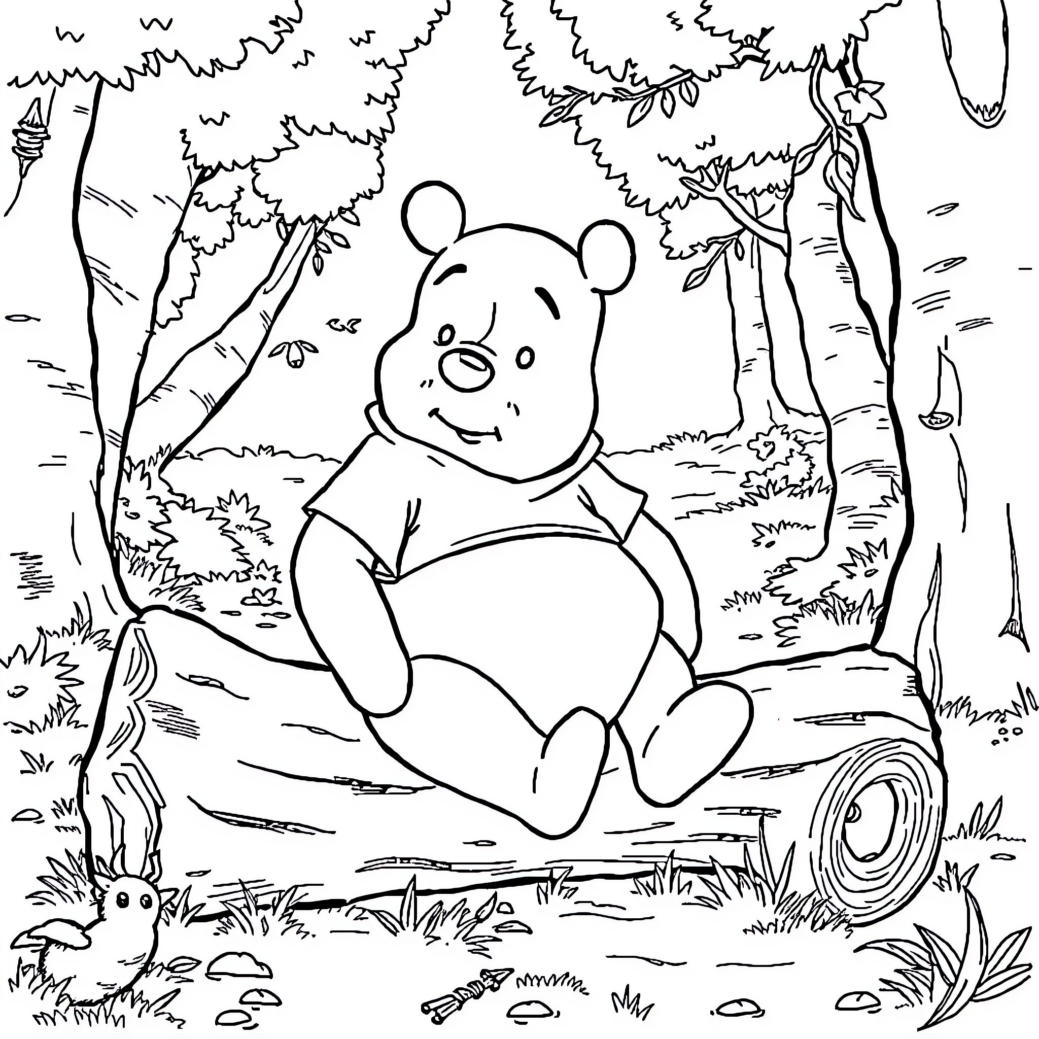 Winnie The Pooh enjoying a relaxing day in the forest Coloring Page (free black-and-white line drawing printable PDF for all, from beginners to advanced learners, including children, teens, adults, and seniors)