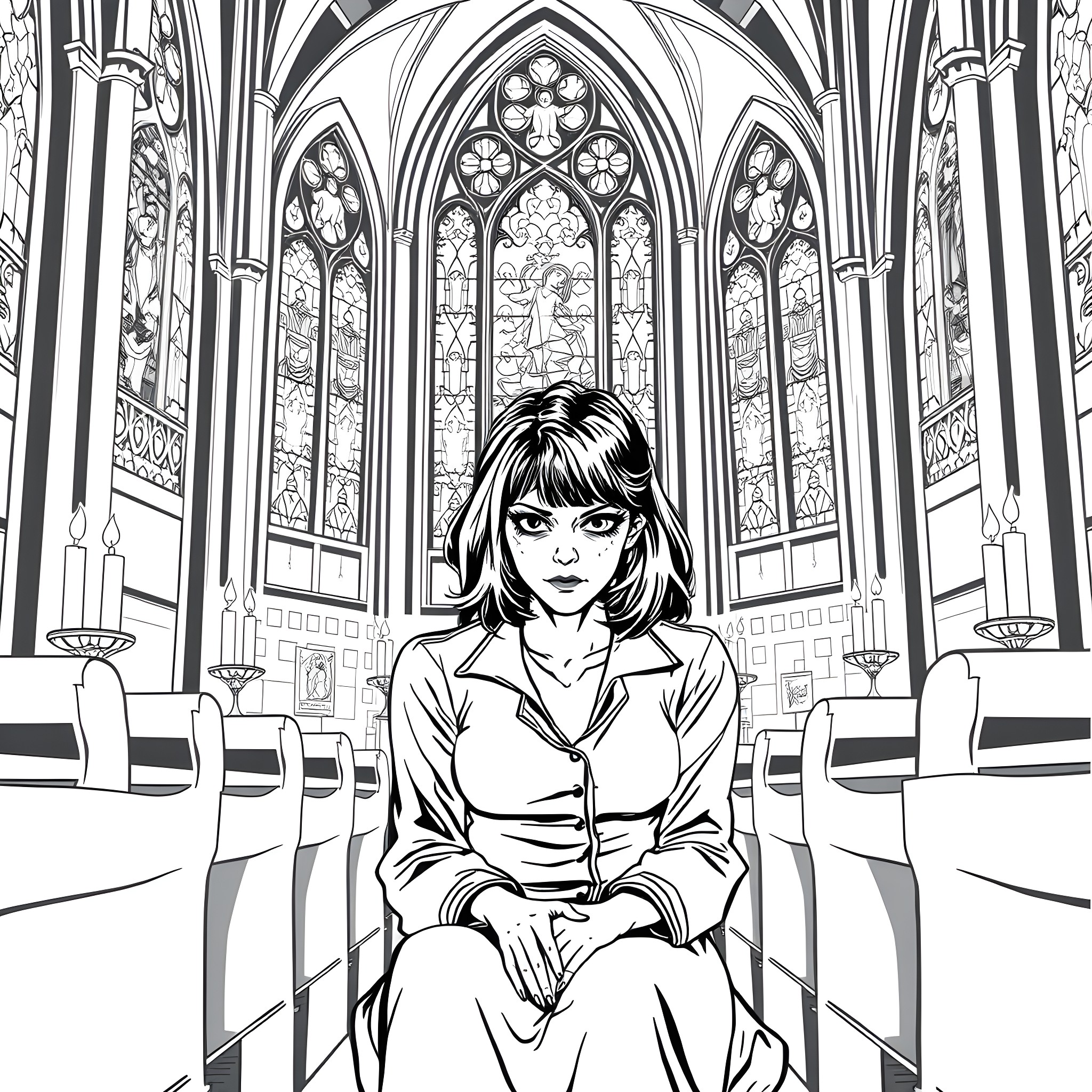 Regan in a Gothic church contemplation Coloring Page (free black-and-white line drawing printable PDF for all, from beginners to advanced learners, including children, teens, adults, and seniors)