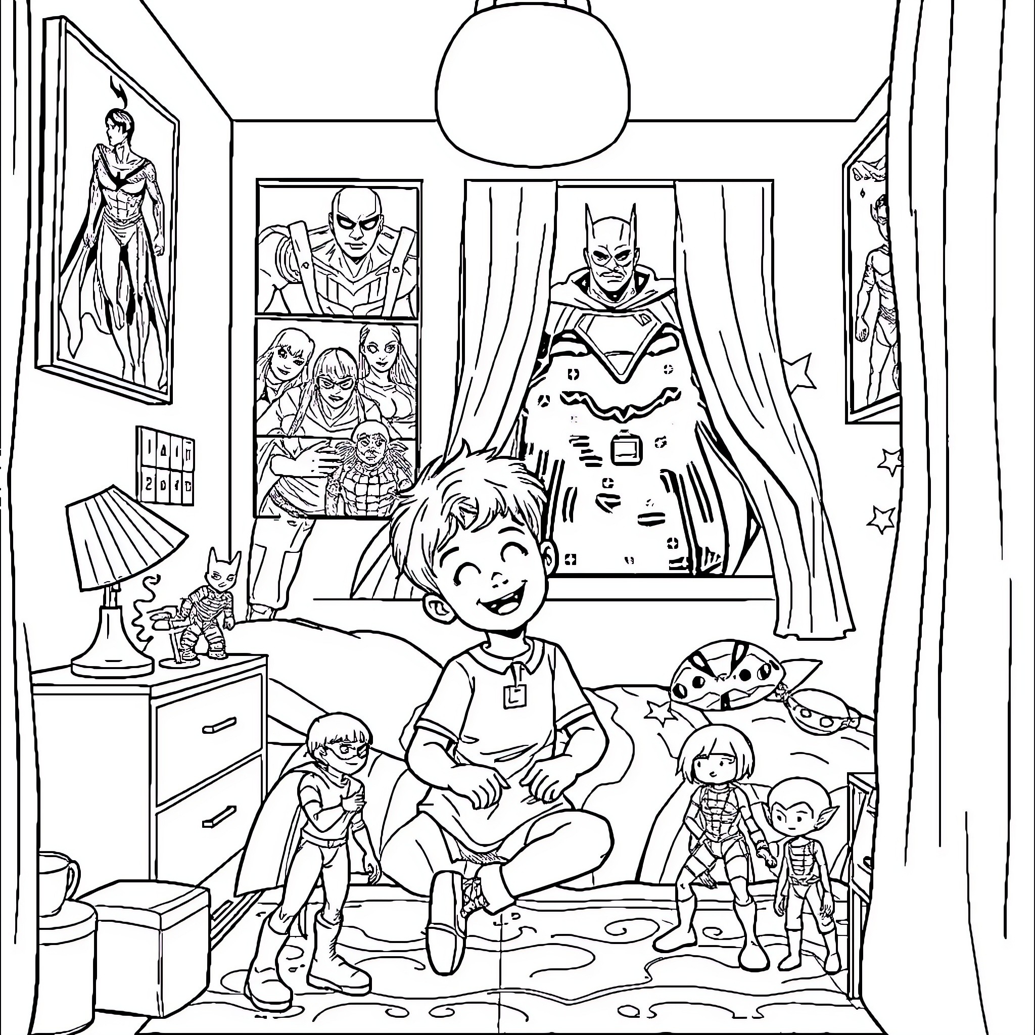 Enfant jouant avec des figurines dans sa chambre Coloring Page (free black-and-white line drawing printable PDF for all, from beginners to advanced learners, including children, teens, adults, and seniors)
