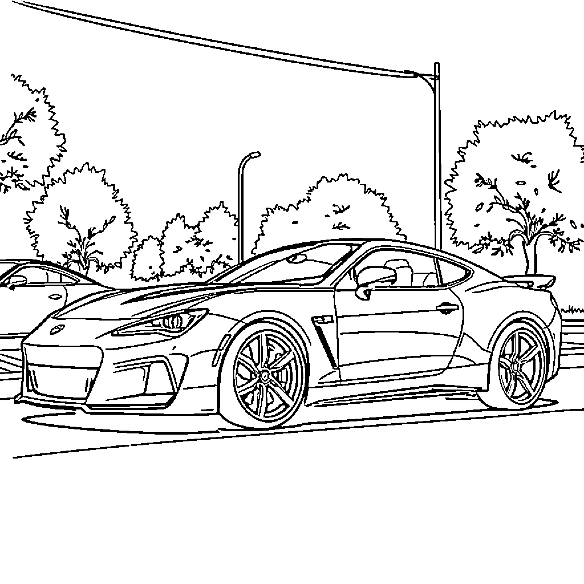 Sport Car in urban landscape with trees Coloring Page (free black-and-white line drawing printable PDF for all, from beginners to advanced learners, including children, teens, adults, and seniors)
