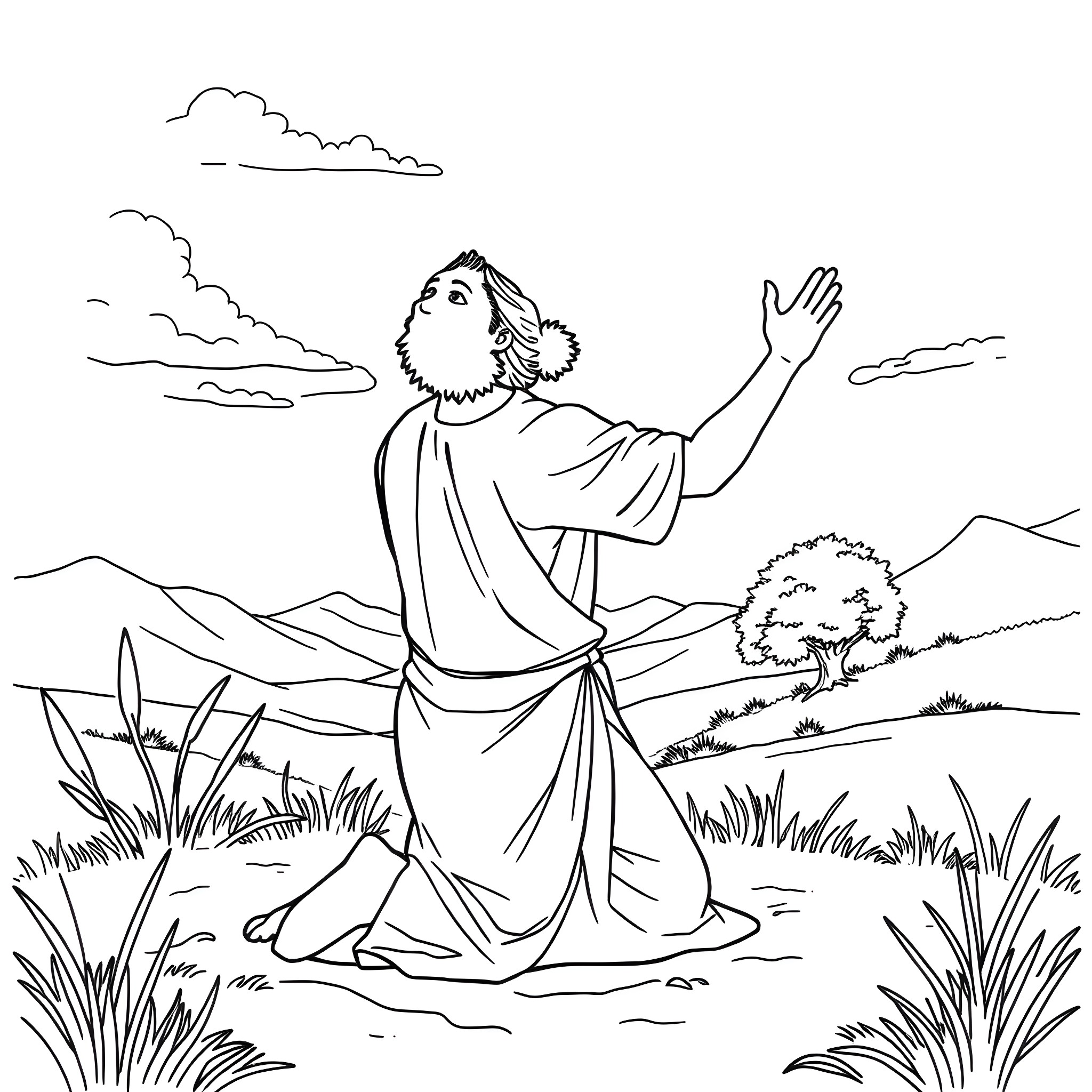 Job of a Preacher Praying Outdoors Coloring Page (free black-and-white line drawing printable PDF for all, from beginners to advanced learners, including children, teens, adults, and seniors)