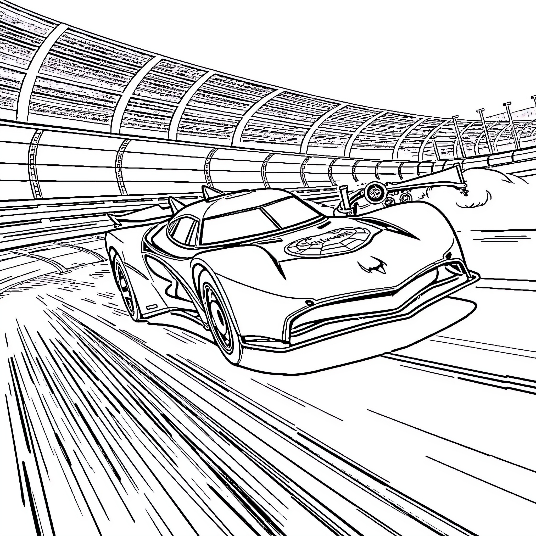 Hotwheels Car Racing on Track Coloring Page (free black-and-white line drawing printable PDF for all, from beginners to advanced learners, including children, teens, adults, and seniors)