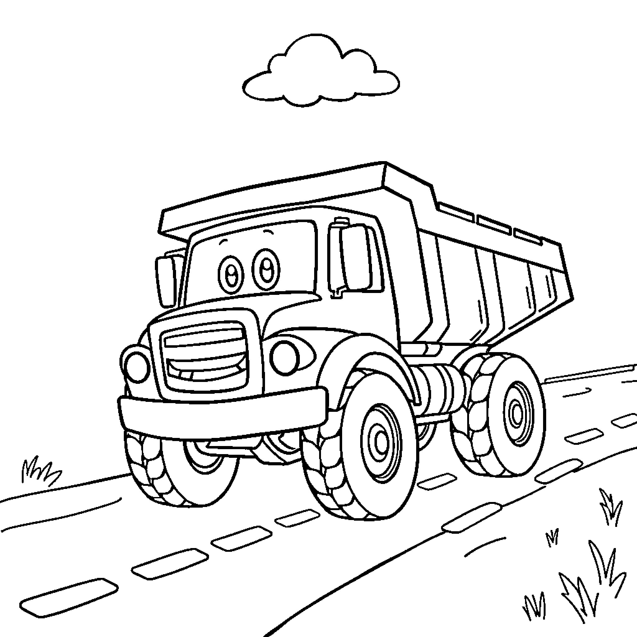 Dump Truck Carrying Cargo on a Grassy Road Coloring Page (free black-and-white line drawing printable PDF for all, from beginners to advanced learners, including children, teens, adults, and seniors)