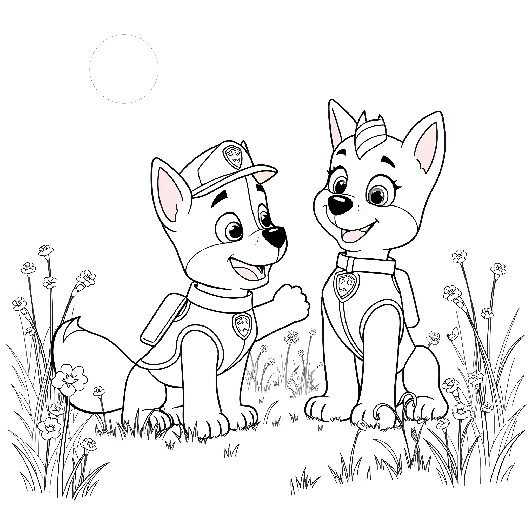 Marshall and Friends in the Meadow Coloring Page (free black-and-white line drawing printable PDF for all, from beginners to advanced learners, including children, teens, adults, and seniors)