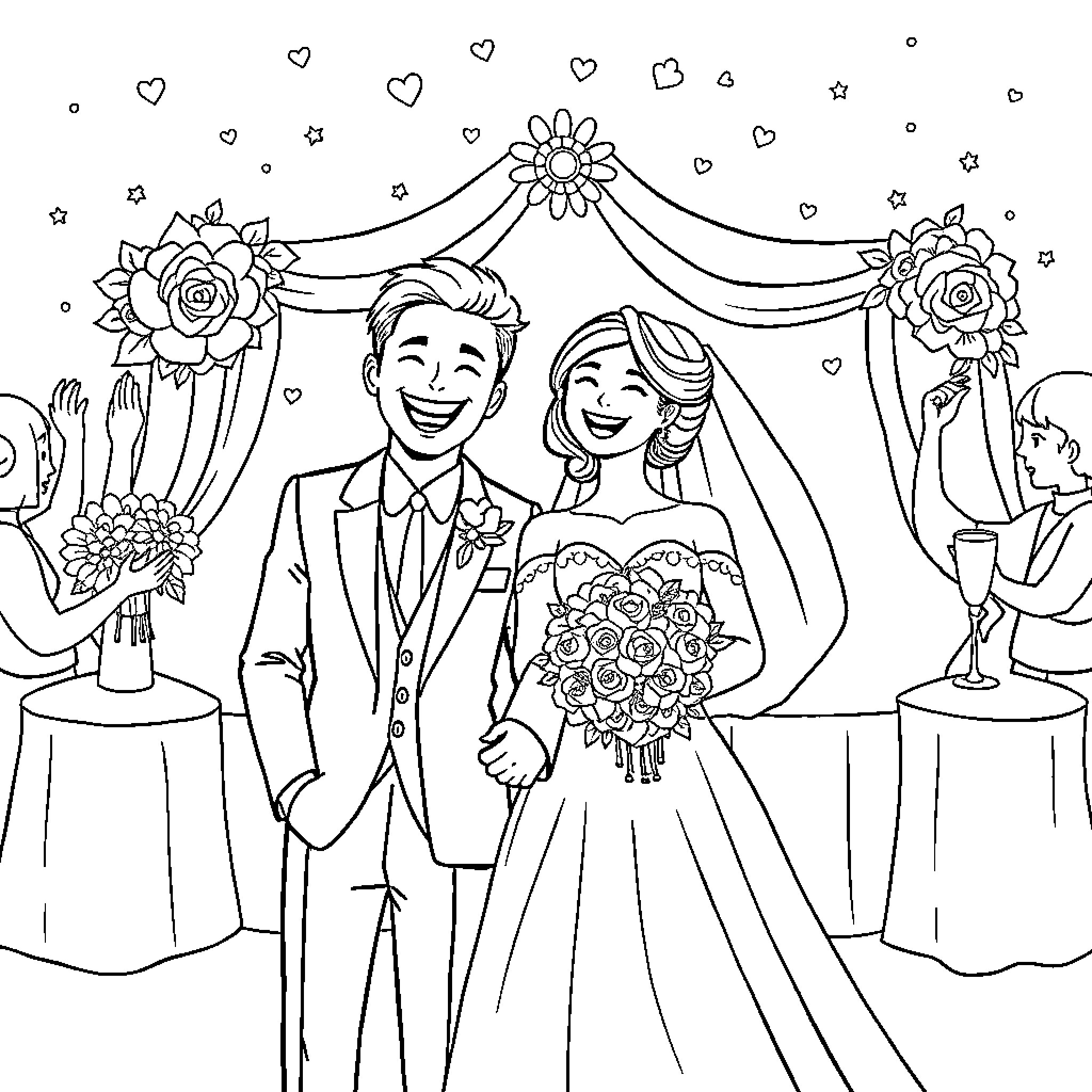 Wedding ceremony with happy bride and groom Coloring Page (free black-and-white line drawing printable PDF for all, from beginners to advanced learners, including children, teens, adults, and seniors)