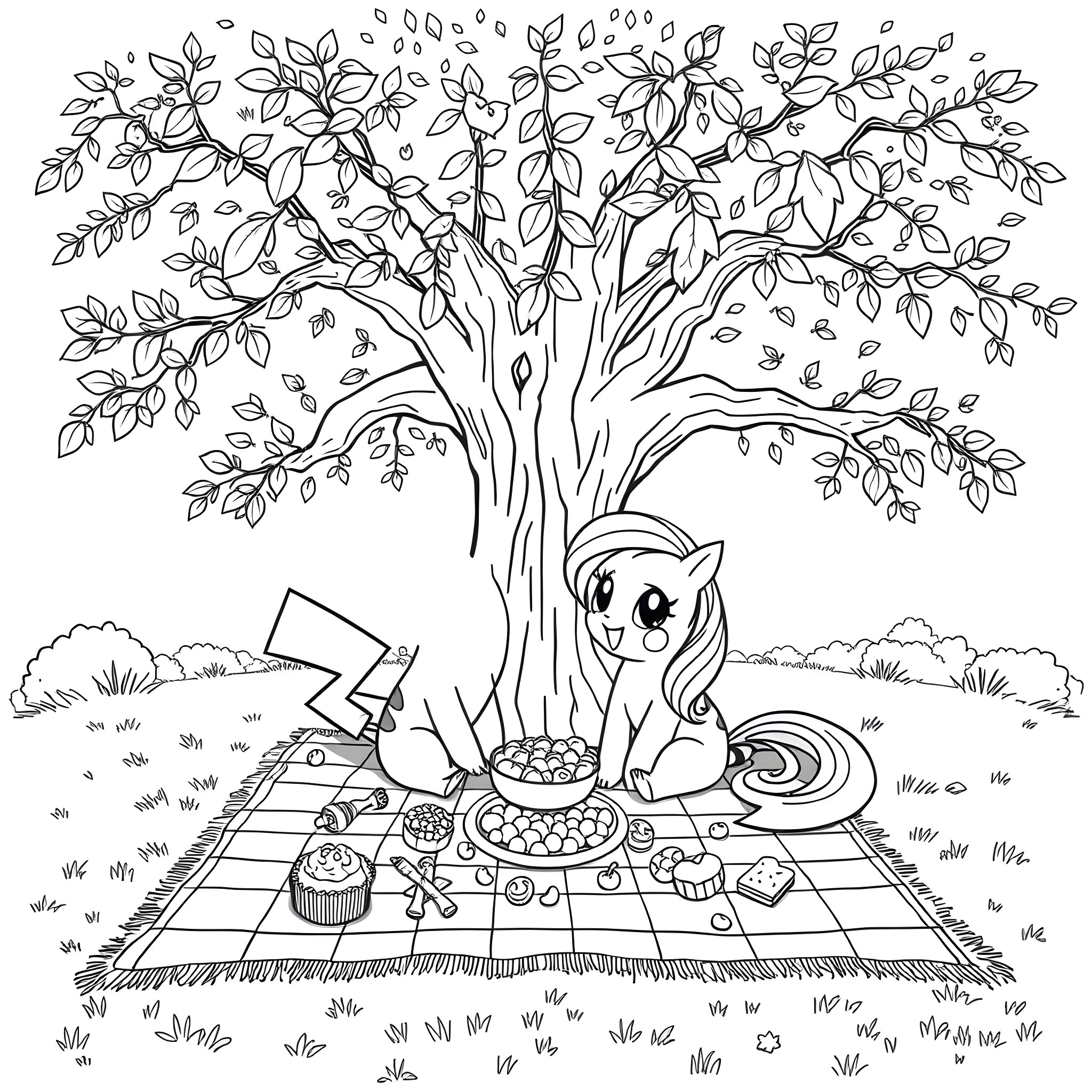 Pikachu's Picnic Under the Blossoming Tree Coloring Page (free black-and-white line drawing printable PDF for all, from beginners to advanced learners, including children, teens, adults, and seniors)