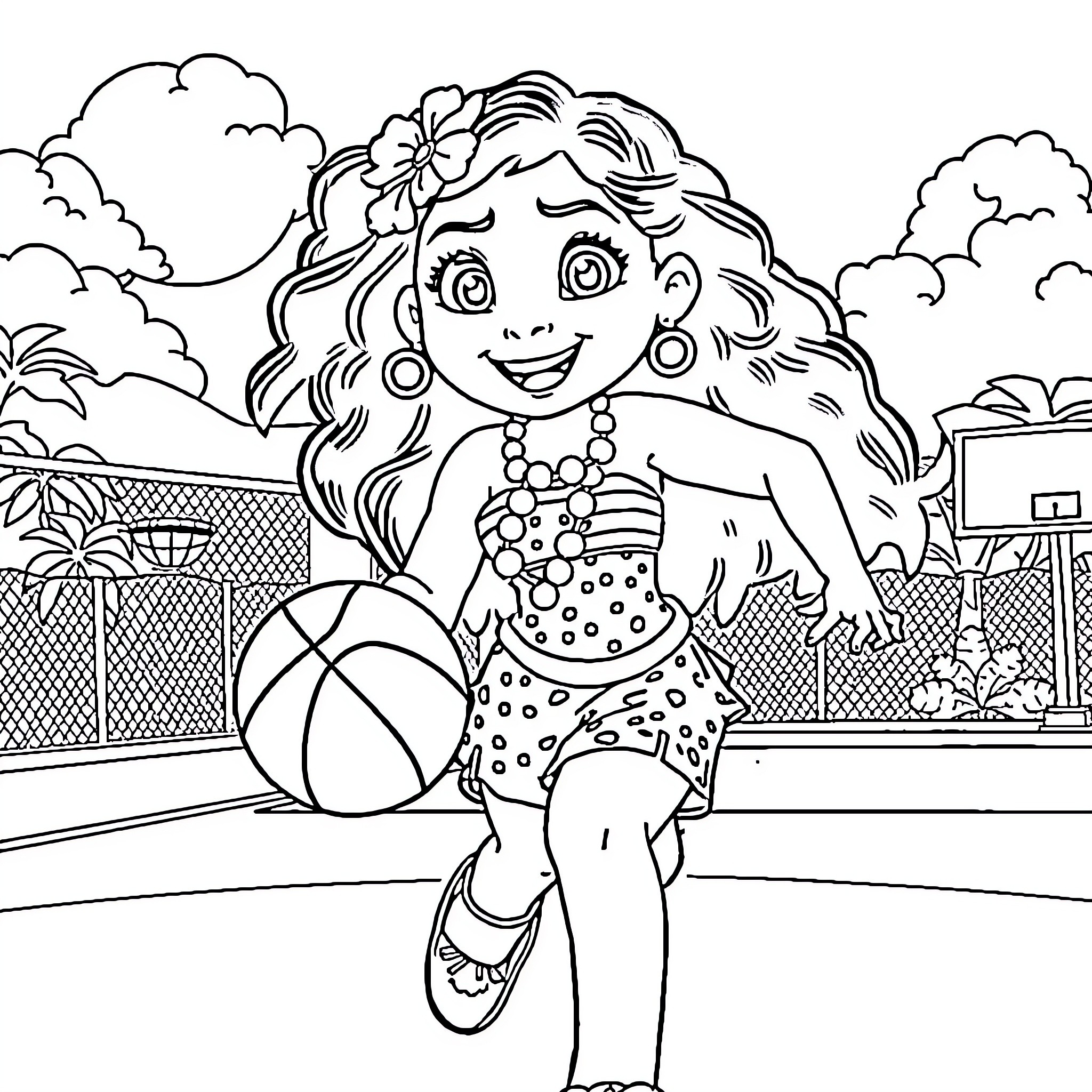 Moana playing happily with a beach ball Coloring Page (free black-and-white line drawing printable PDF for all, from beginners to advanced learners, including children, teens, adults, and seniors)