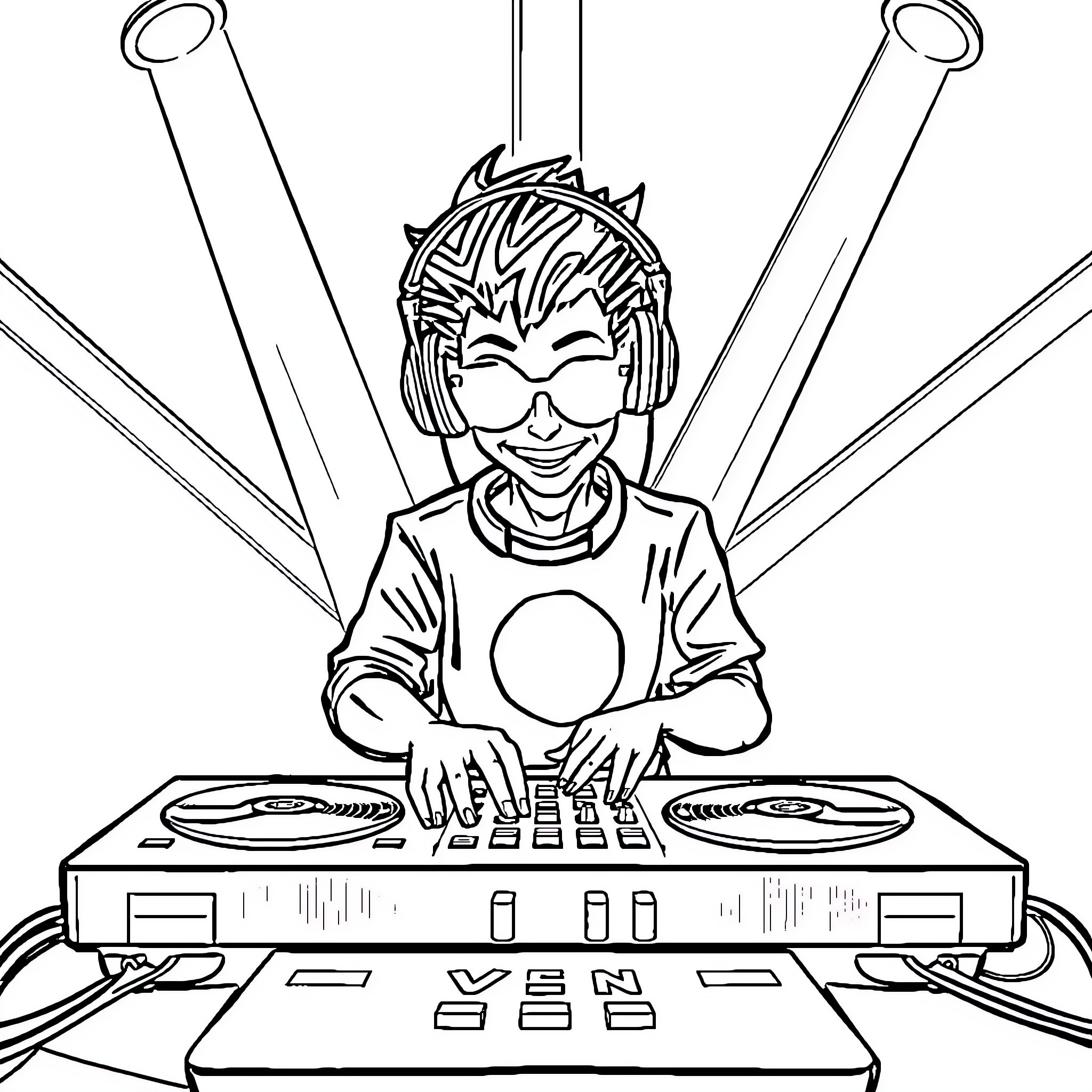DJ mixing music with enthusiastic expression Coloring Page (free black-and-white line drawing printable PDF for all, from beginners to advanced learners, including children, teens, adults, and seniors)