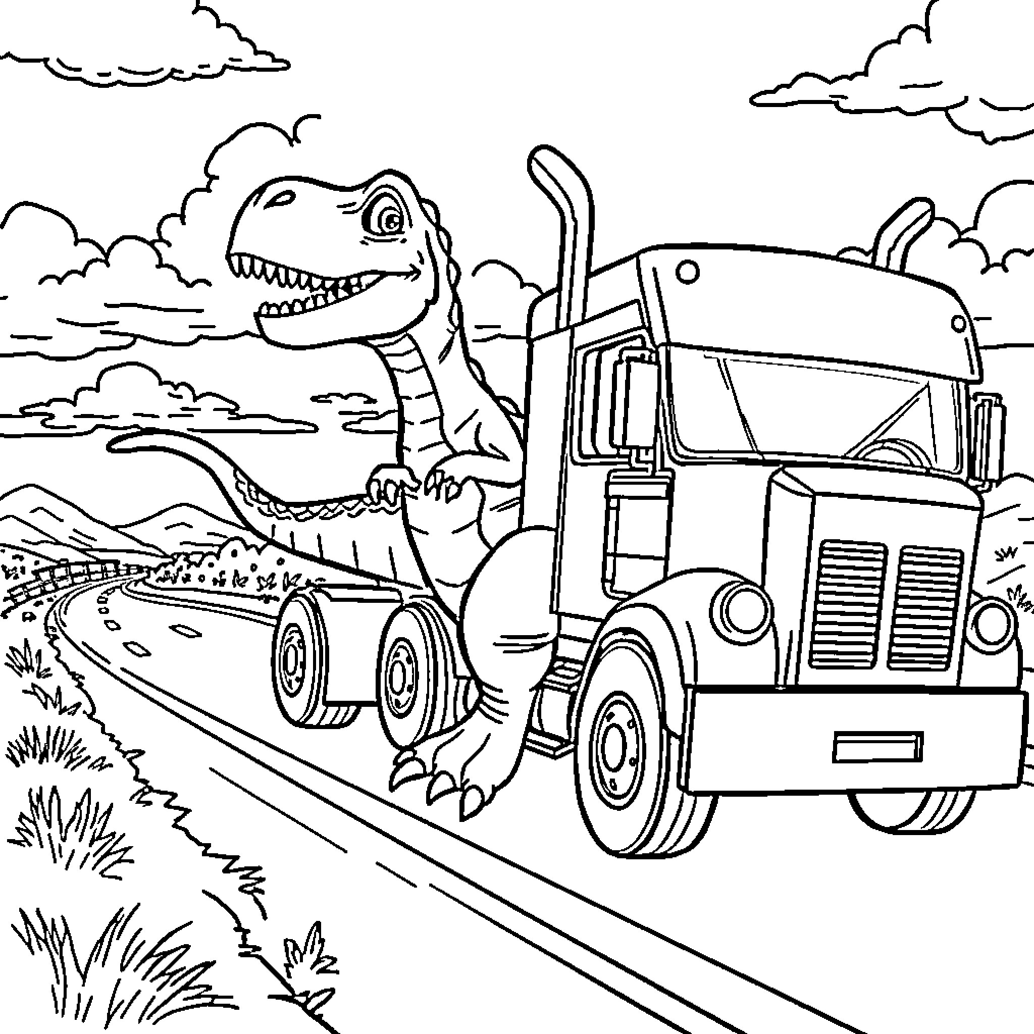 Dinosaur riding a large truck on the road Coloring Page (free black-and-white line drawing printable PDF for all, from beginners to advanced learners, including children, teens, adults, and seniors)